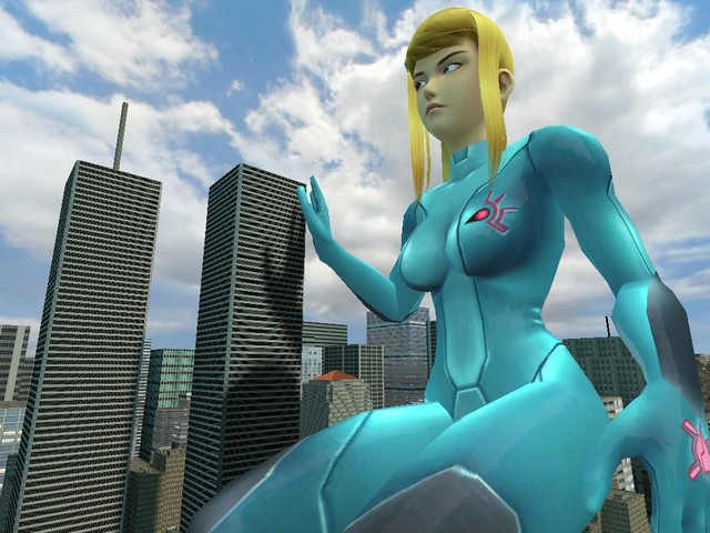 samus aran, garry's mod, metroid, nintendo, screencap, 1girl, 3d, 9/11, blonde hair, blue eyes, bodysuit, building, city, cityscape, cloud, day, female focus, giant, giantess, new york city, outdoors, satire, skin tight, sky, skyscraper, solo, world trade center, zero suit