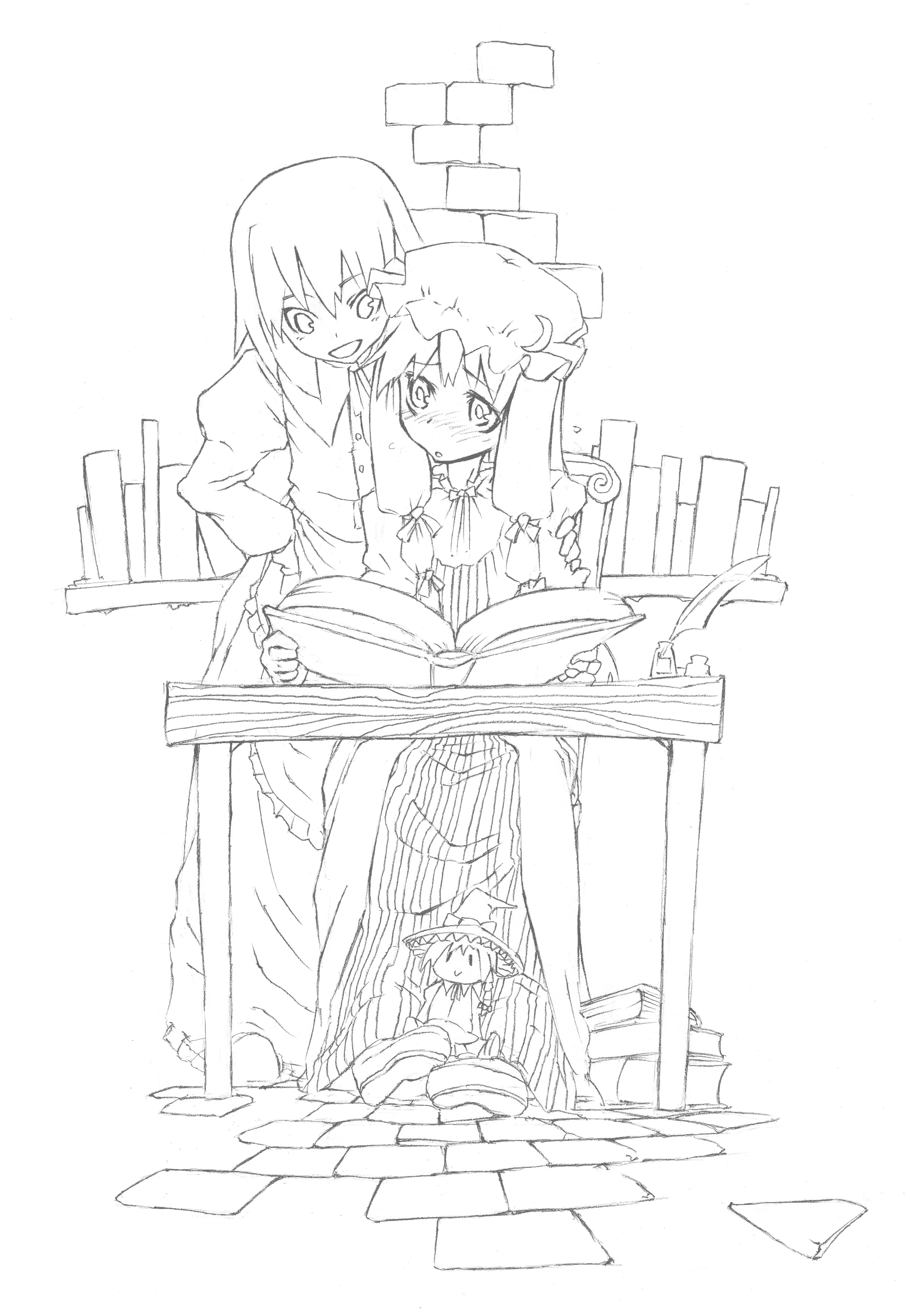 chomoran, kirisame marisa, patchouli knowledge, touhou, hand on shoulder, absurdres, bad id, bad pixiv id, highres, 2girls, apron, blush, book, brick wall, character doll, crescent, crescent moon, doll, dress, embarrassed, female focus, greyscale, hair ribbon, hand on own hip, hat, hip focus, inkwell, looking back, monochrome, moon, multiple girls, no headwear, open book, reading, ribbon, sitting, table, witch, witch hat