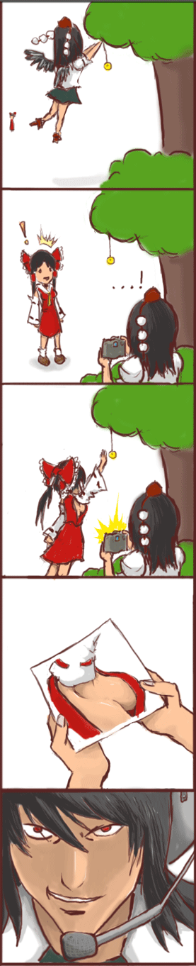 hakurei reimu, shameimaru aya, death note, touhou, artist request, highres, long image, tall image, 2girls, armpits, breasts, camera, female focus, geta, headset, just as planned (meme), meme, multiple girls, parody, photo (object), sideboob, tengu-geta