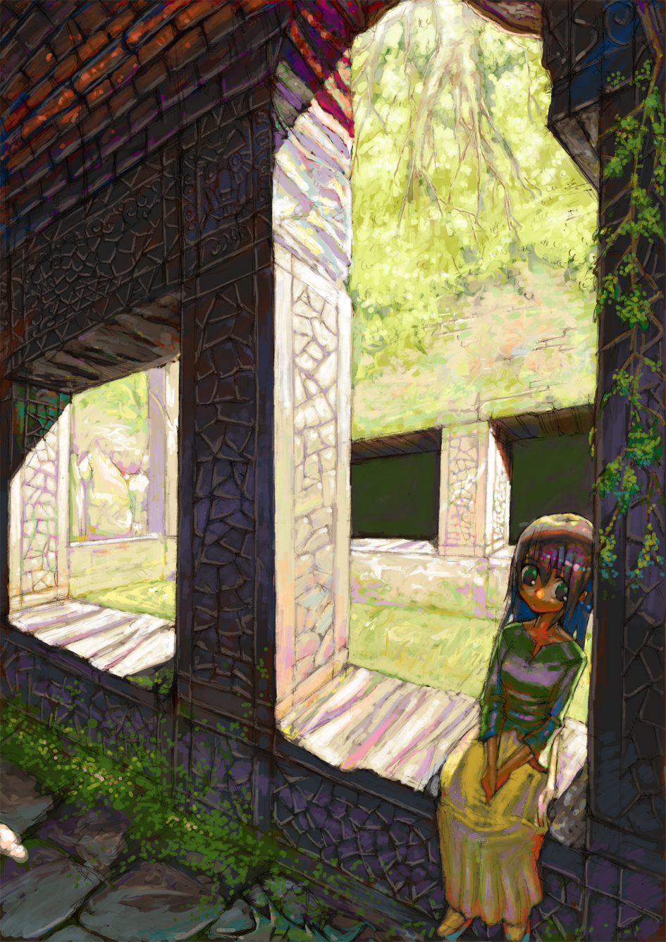 chomoran, original, bad id, bad pixiv id, highres, 1girl, blouse, brown hair, female focus, green eyes, green shirt, indoors, long hair, ruins, scenery, shirt, sitting, solo
