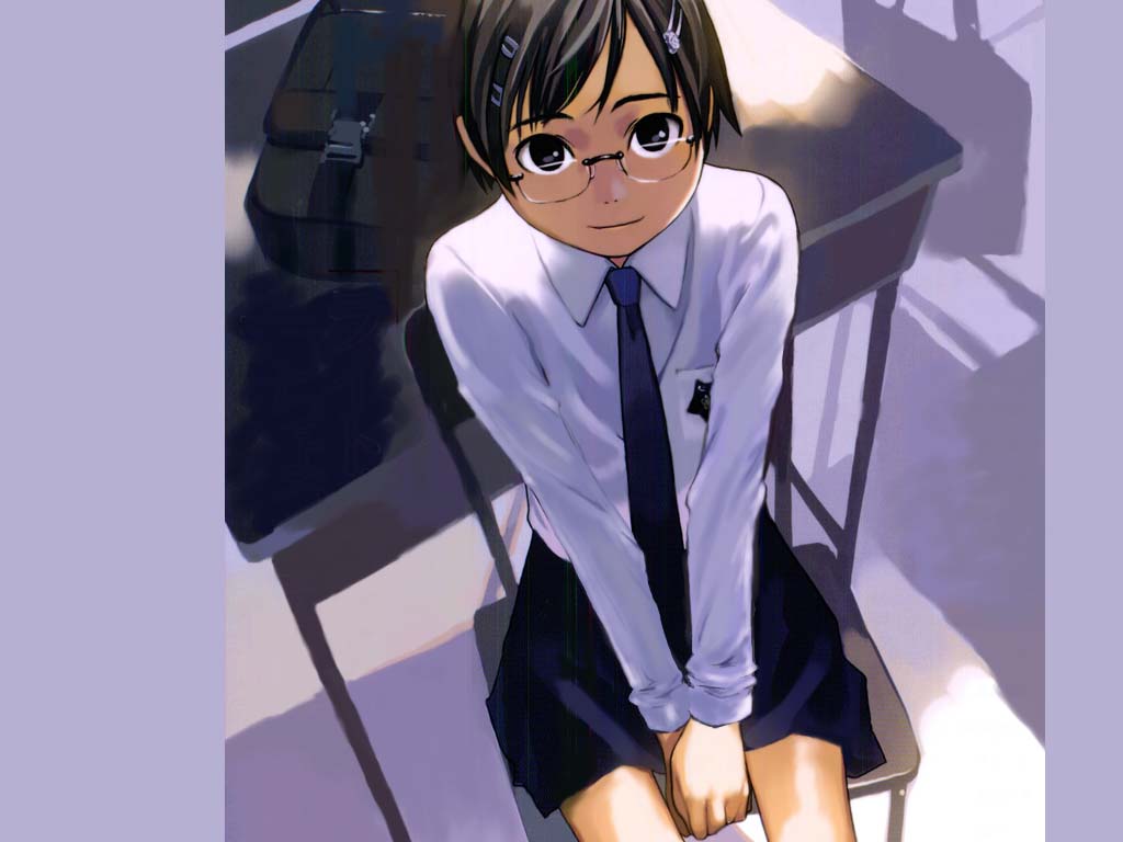 takamichi, non-web source, 1girl, bag, brown eyes, brown hair, chair, desk, female focus, glasses, hair ornament, hairclip, looking up, necktie, on chair, school uniform, short hair, skirt, smile, solo