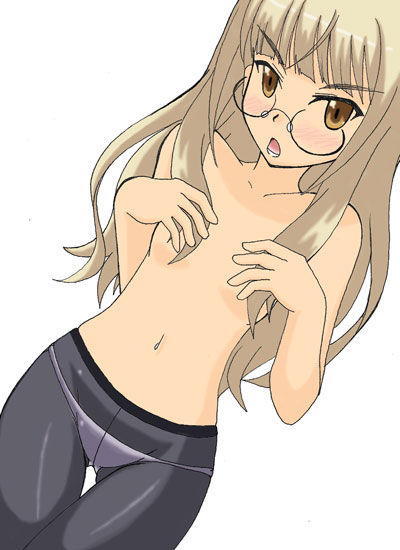 perrine h. clostermann, strike witches, world witches series, 00s, 1girl, angry, blonde hair, blush, breasts, brown eyes, covering breasts, covering privates, crotch seam, dutch angle, female focus, glasses, grabbing another's breast, groping, long hair, navel, open mouth, panties, panties under pantyhose, pantyhose, simple background, small breasts, solo, thigh gap, thighs, topless female, underwear, yellow eyes