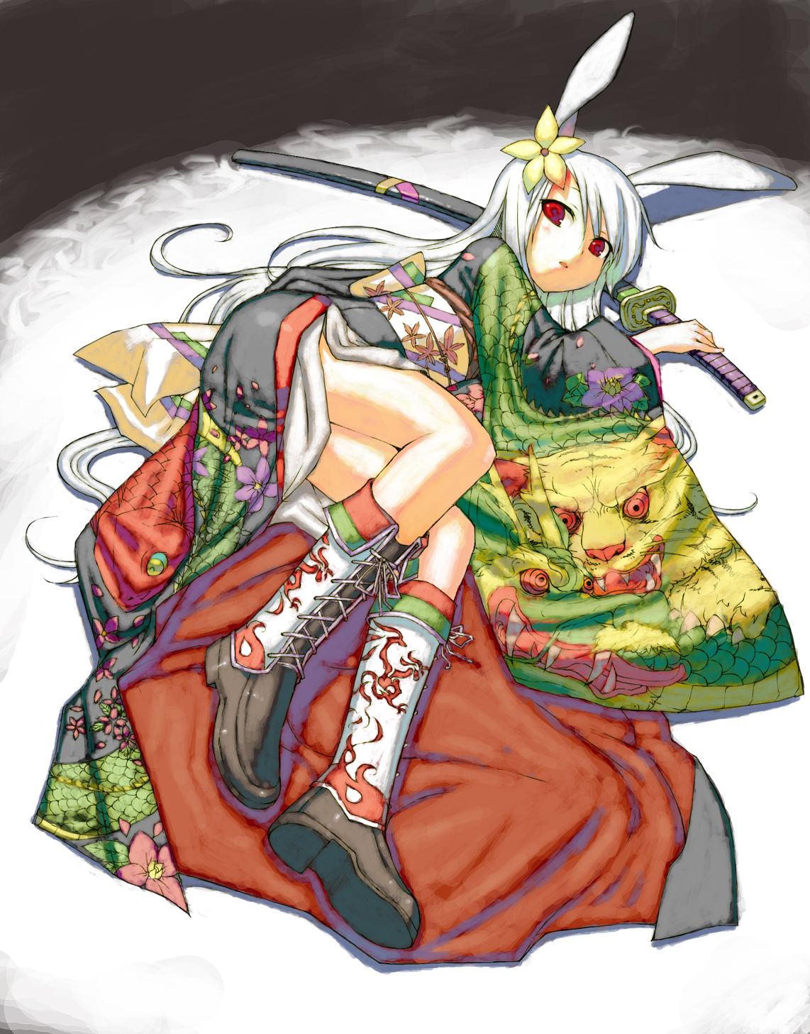 chomoran, bad id, bad pixiv id, highres, 1girl, albino, animal ears, boots, female focus, flower, hair flower, hair ornament, japanese clothes, long hair, lying, on side, rabbit ears, red eyes, solo, sword, very long hair, weapon, white hair