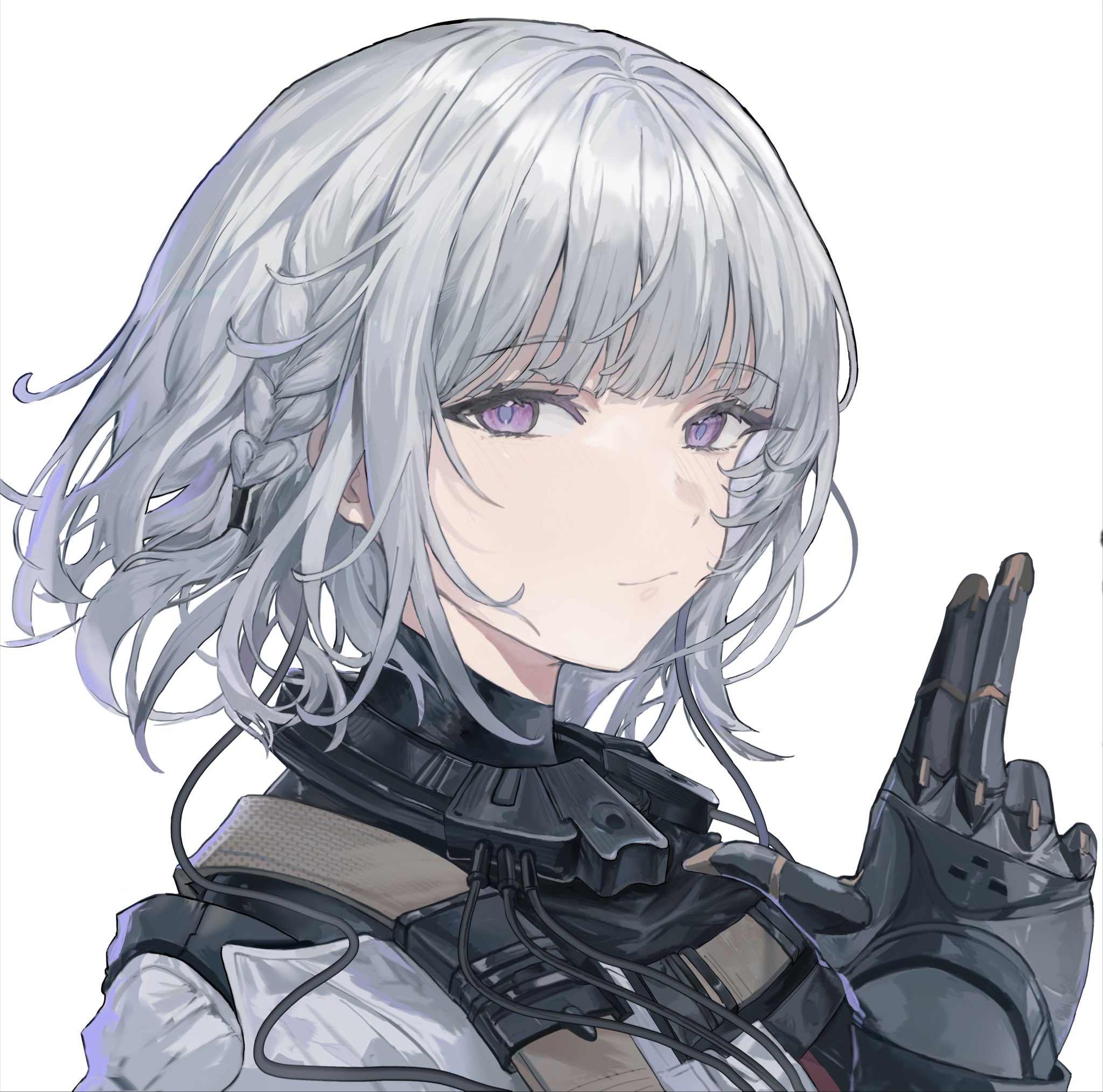 johnny63129616, rpk-16 (girls' frontline), girls' frontline, commentary, english commentary, highres, 1girl, closed mouth, finger gun, grey hair, looking at viewer, portrait, purple eyes, short hair, solo