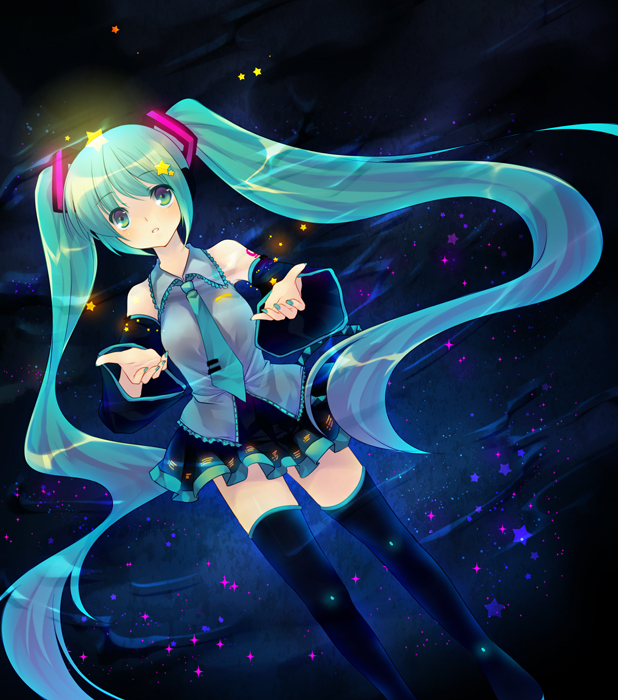 shinia, hatsune miku, vocaloid, 1girl, aqua eyes, aqua hair, aqua nails, detached sleeves, female focus, long hair, nail polish, necktie, skirt, solo, star (sky), star (symbol), thighhighs, twintails, very long hair, zettai ryouiki