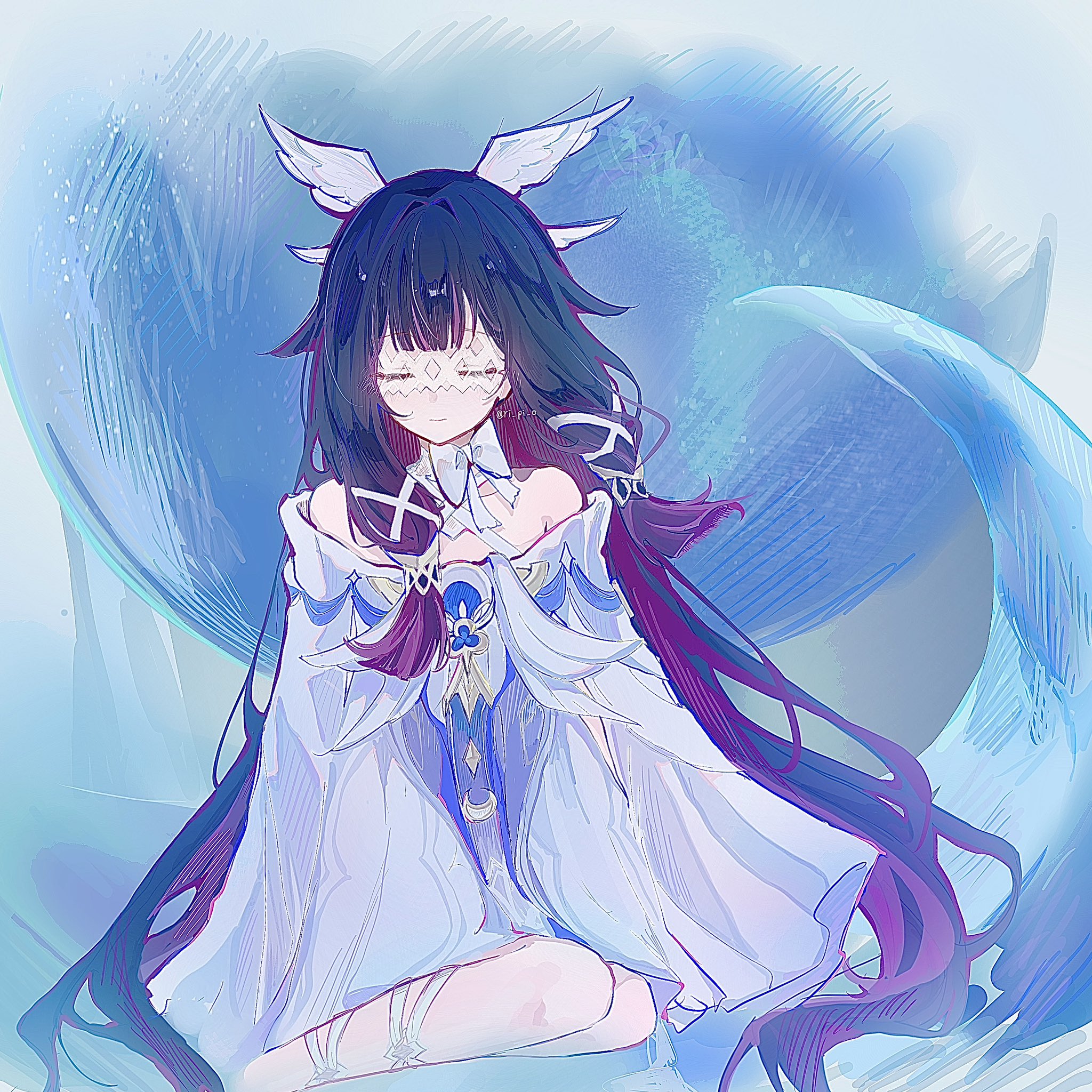 columbina (genshin impact), genshin impact, highres, 1girl, black hair, blunt bangs, closed eyes, crescent, dress, eye mask, hair ornament, hair ribbon, head wings, long hair, moon, ri pi o, ribbon, sitting, solo, very long hair, white dress, white mask, wings