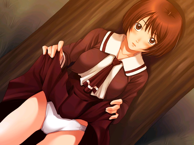 inugami fujimaru, miyoshi chiho, arishi hi no uta, game cg, non-web source, 1girl, blush, bob cut, brown eyes, clothes lift, dutch angle, female focus, panties, pantyshot, red hair, school uniform, short hair, skirt, skirt lift, solo, tree, underwear, upskirt, white panties