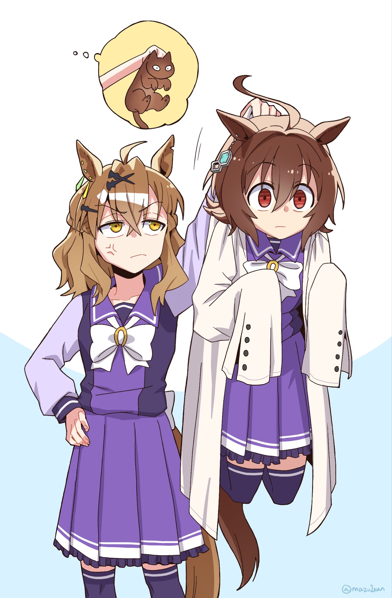 mazu1kan, agnes tachyon (umamusume), jungle pocket (umamusume), umamusume, commentary request, highres, korean commentary, 2girls, ahoge, animal ears, blue background, bow, bowtie, braid, brown hair, buttons, cat, closed mouth, clothes grab, coat, collar grab, collared shirt, earrings, frown, gradient background, hair between eyes, hair ornament, hairclip, half up braid, hand on own hip, horse ears, horse girl, horse tail, huge ahoge, jewelry, lab coat, lifting person, long sleeves, medium hair, multiple girls, neck grab, neckwear grab, notched ear, pleated skirt, purple shirt, purple skirt, purple thighhighs, red eyes, school uniform, shirt, single earring, skirt, sleeves past fingers, sleeves past wrists, speech bubble, tail, thighhighs, thought bubble, tracen school uniform, v-shaped eyebrows, white background, white bow, white bowtie, white coat, winter uniform, yellow eyes