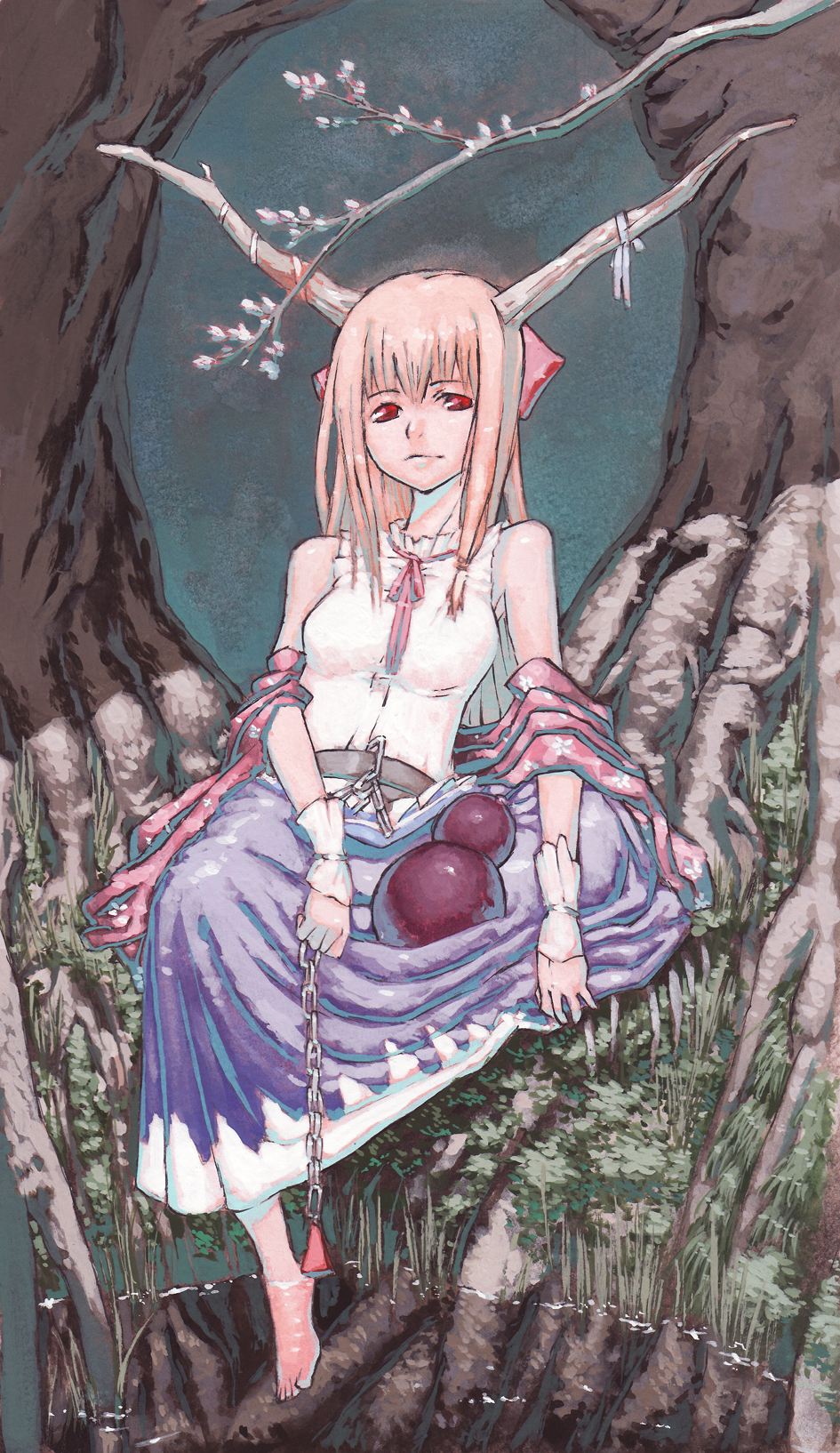 chomoran, ibuki suika, touhou, bad id, bad pixiv id, highres, 1girl, barefoot, female focus, flat chest, flower, full body, horns, plant, sitting, soaking feet, solo, tree, water
