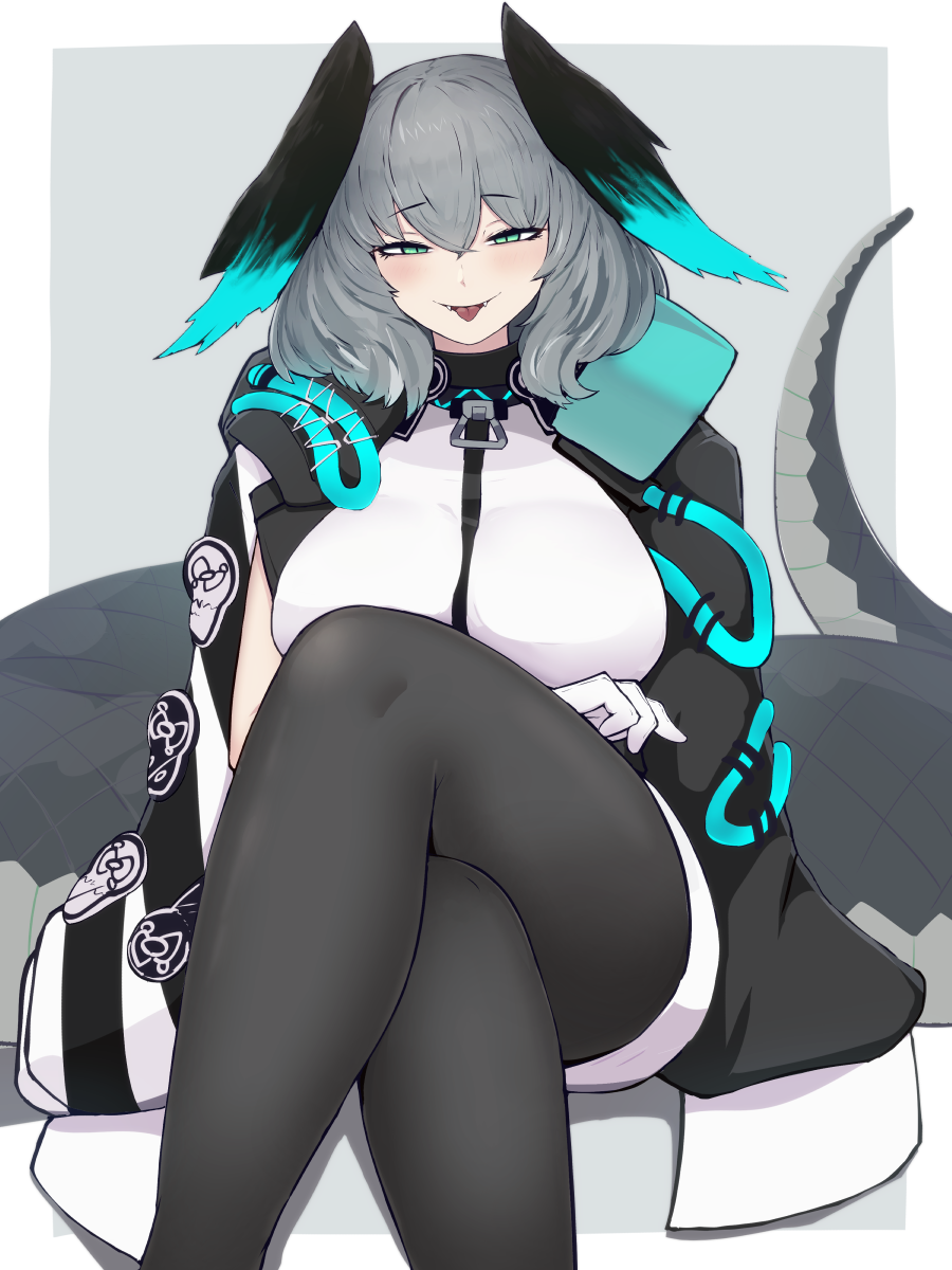 yonaga san, ho'olheyak (arknights), infection monitor (arknights), arknights, highres, 1girl, aqua eyes, between breasts, black pantyhose, blush, breasts, coat, crossed legs, dress, fangs, feathered wings, grey hair, hair between eyes, head wings, large breasts, looking at viewer, medium hair, open clothes, open coat, pantyhose, sitting, smile, snake tail, solo, strap between breasts, tail, tongue, tongue out, white dress, wings