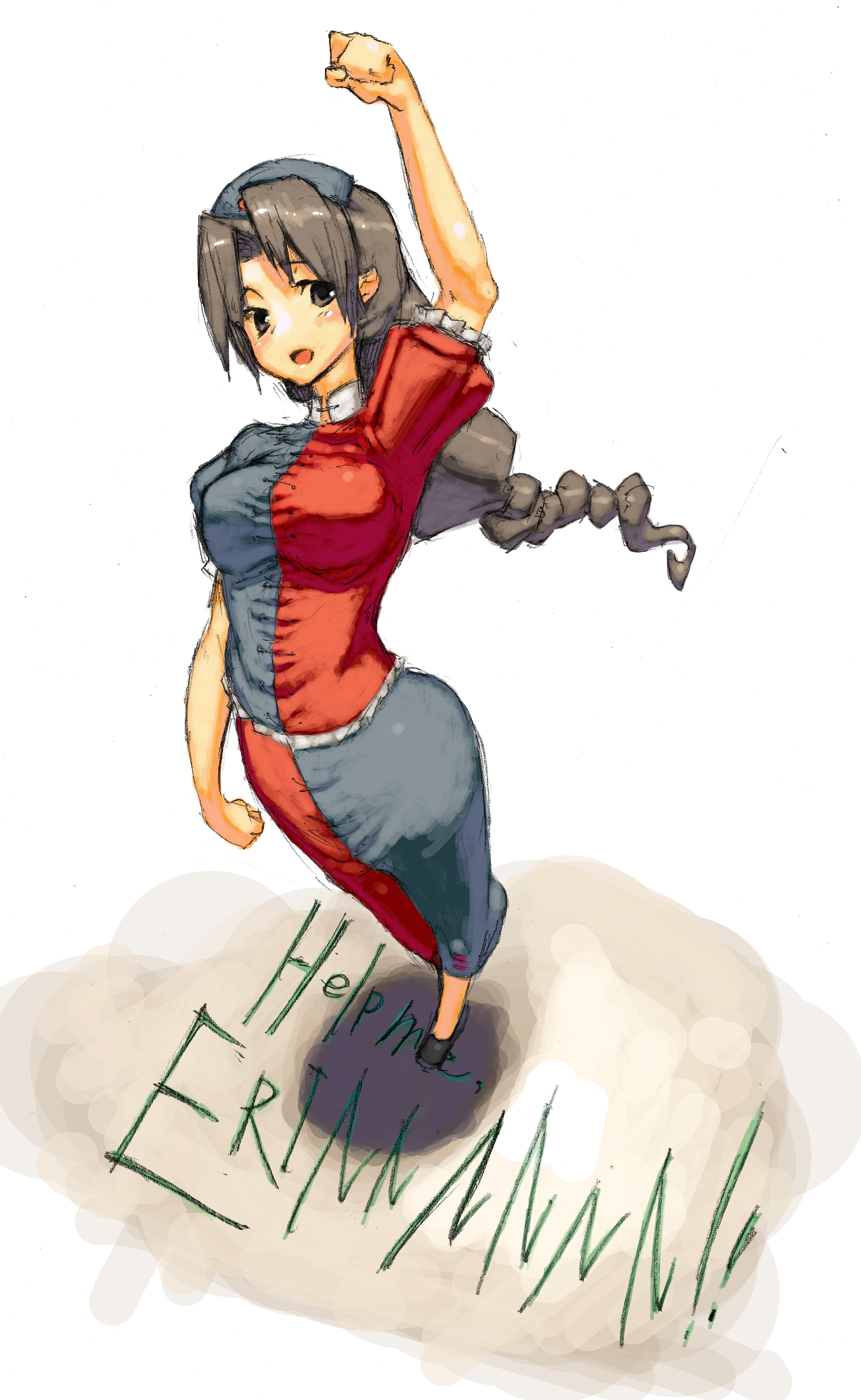 chomoran, yagokoro eirin, touhou, absurdres, bad id, bad pixiv id, highres, 1girl, braid, breasts, clenched hand, clenched hands, female focus, raised fist, sketch, solo