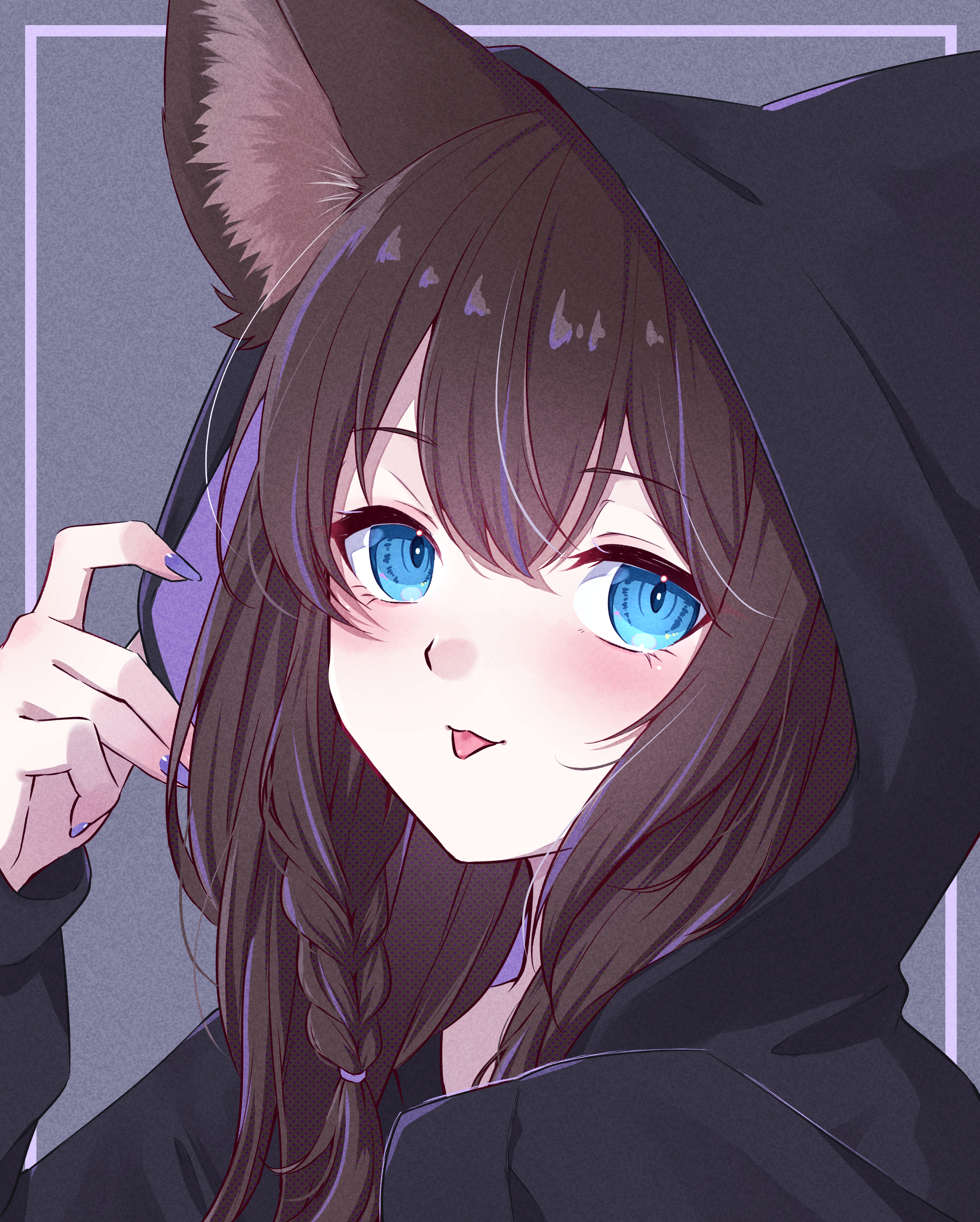 mizore arius, original, absurdres, commission, commissioner upload, highres, non-web source, skeb commission, :p, animal ear fluff, animal ears, aqua eyes, black cloak, braid, brown hair, cat ears, cat girl, cloak, hood, hooded cloak, long hair, looking at viewer, mewry (fuki nyan), one ear under headwear, purple nails, tongue, tongue out