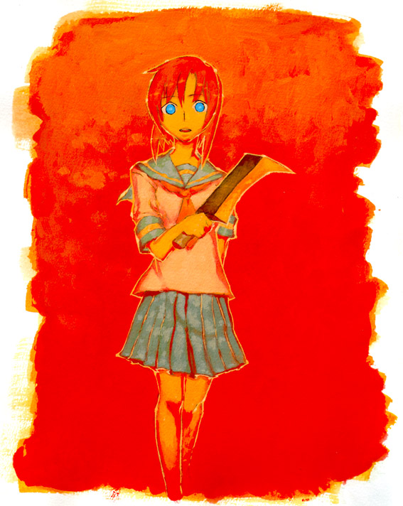 chomoran, ryuuguu rena, higurashi no naku koro ni, bad id, bad pixiv id, 00s, 1girl, billhook, blue eyes, blue skirt, border, cropped legs, female focus, hashitsuki nata, hatchet, looking at viewer, nata (tool), pleated skirt, red background, red hair, sailor collar, school uniform, serafuku, short hair, simple background, skirt, solo, standing