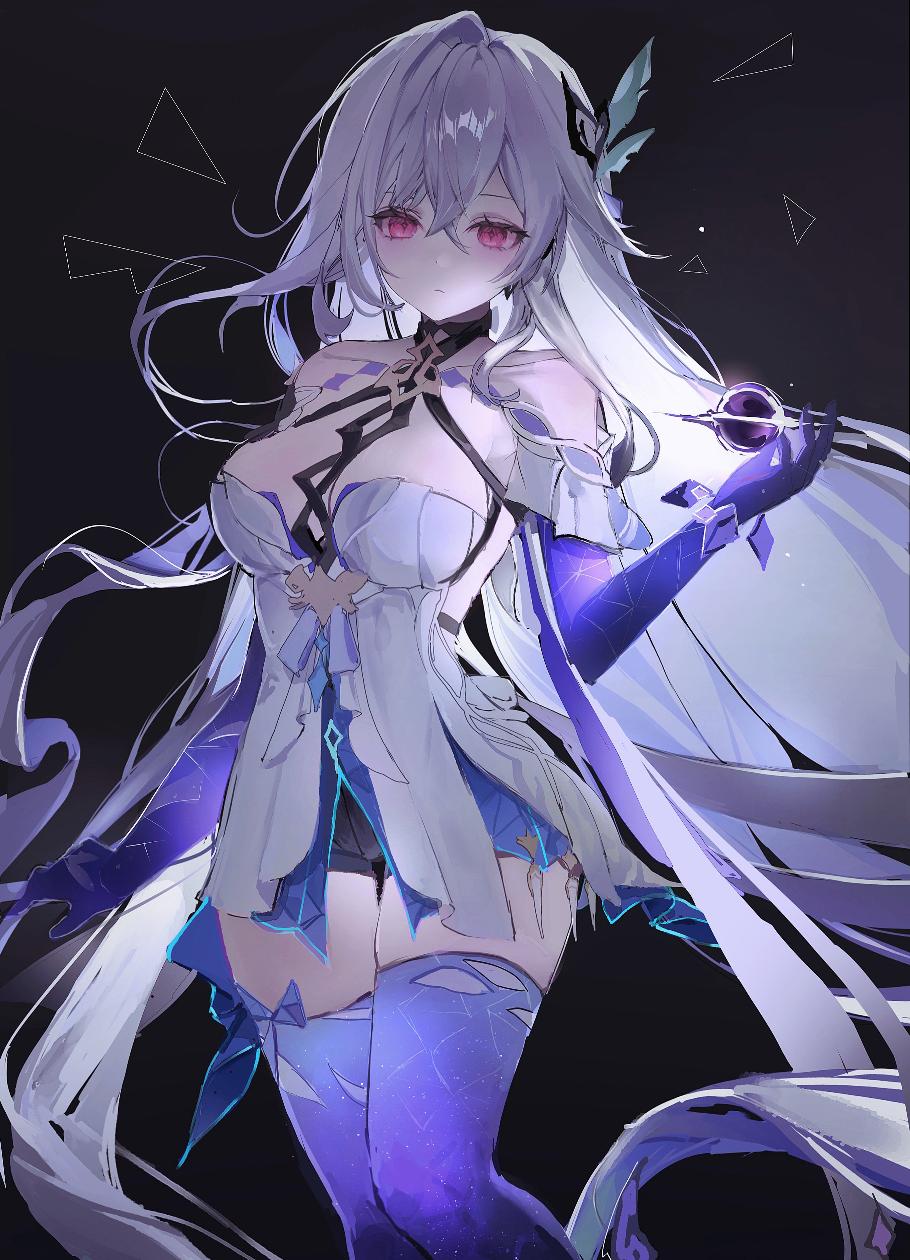 skirk (genshin impact), genshin impact, absurdres, highres, 1girl, 8×9 1t, black background, black hole, black shorts, breasts, dress, gradient thighhighs, grey hair, hair ornament, long hair, medium breasts, object floating above hand, purple eyes, purple hands, purple thighhighs, short shorts, shorts, solo, thighhighs, very long hair, white dress