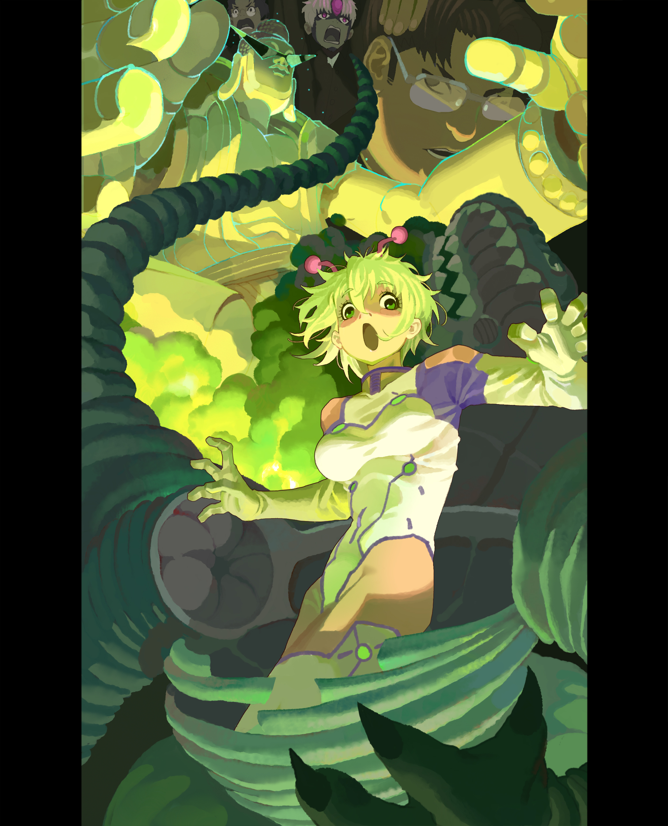 enjoji jin, evil eye (dandadan), sakata kinta, takakura ken (dandadan), vamola (dandadan), dandadan, absurdres, commentary, hashtag-only commentary, highres, 1girl, 3boys, alien, alternate form, antennae, black border, border, foreshortening, glasses, gloves, green eyes, green hair, green theme, kaiju, leotard, medium hair, multiple boys, open mouth, outstretched arms, pillarboxed, short hair, spread arms, thighhighs, white leotard, white thighhighs