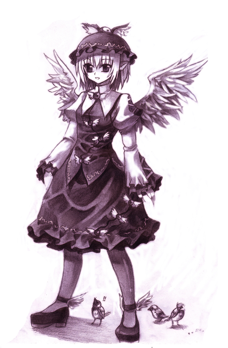 kamisakai, mystia lorelei, touhou, winged footwear, bad id, bad pixiv id, graphite (medium), highres, traditional media, 1girl, bird, female focus, monochrome, pantyhose, shoes, skirt, skirt set, solo, sparrow, standing, wings