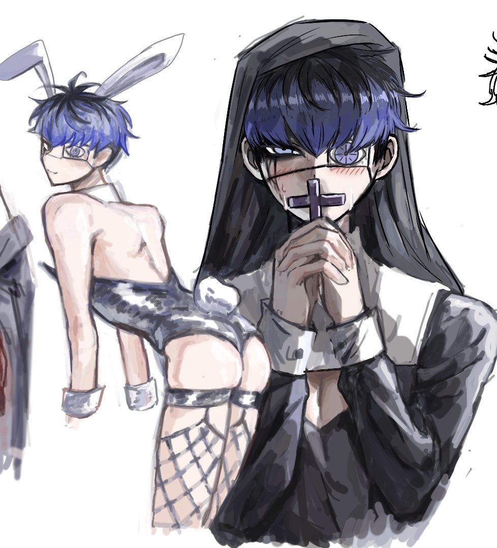 omokage yugamu, the hundred line -last defense academy-, 1boy, animal ears, arched back, ass, bare back, bare shoulders, bent over, black eyeshadow, black roots, black veil, blue hair, blush, cross, crossdressing, crossdressing (mtf), eyeshadow, holding, holding cross, looking at viewer, looking back, makeup, male focus, male playboy bunny, nellie (liyuezhong1018), nun, pectoral cleavage, pectorals, praying, print eyepatch, rabbit ears, thigh strap, undercut, veil, white wrist cuffs, wrist cuffs