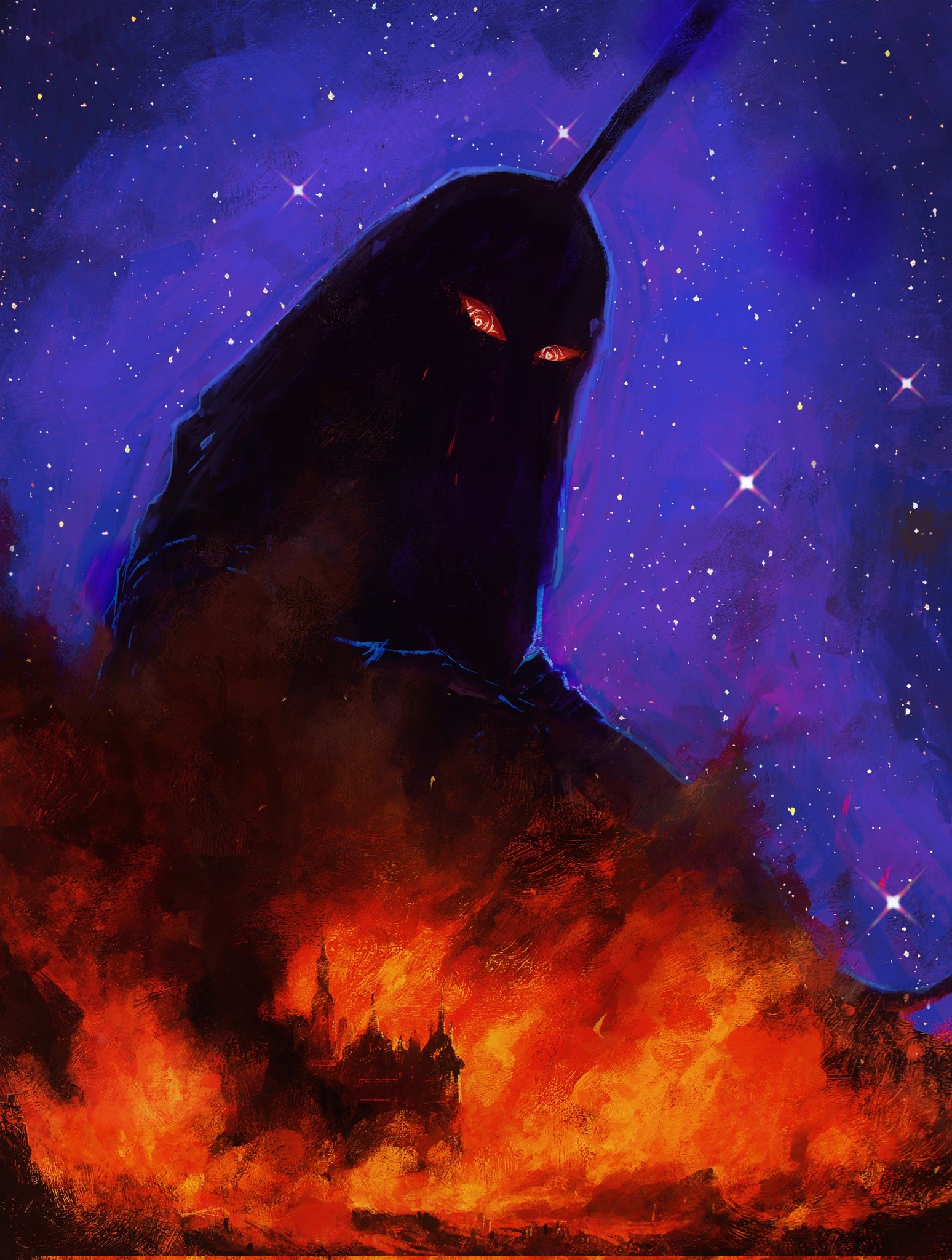 album-aurum, imu (one piece), one piece, commentary, english commentary, highres, 1other, black robe, castle, colored sclera, crown, eyed silhouette, fire, looking down, night, night sky, red eyes, red sclera, ringed eyes, robe, silhouette, sky, smoke, solo, tall crown