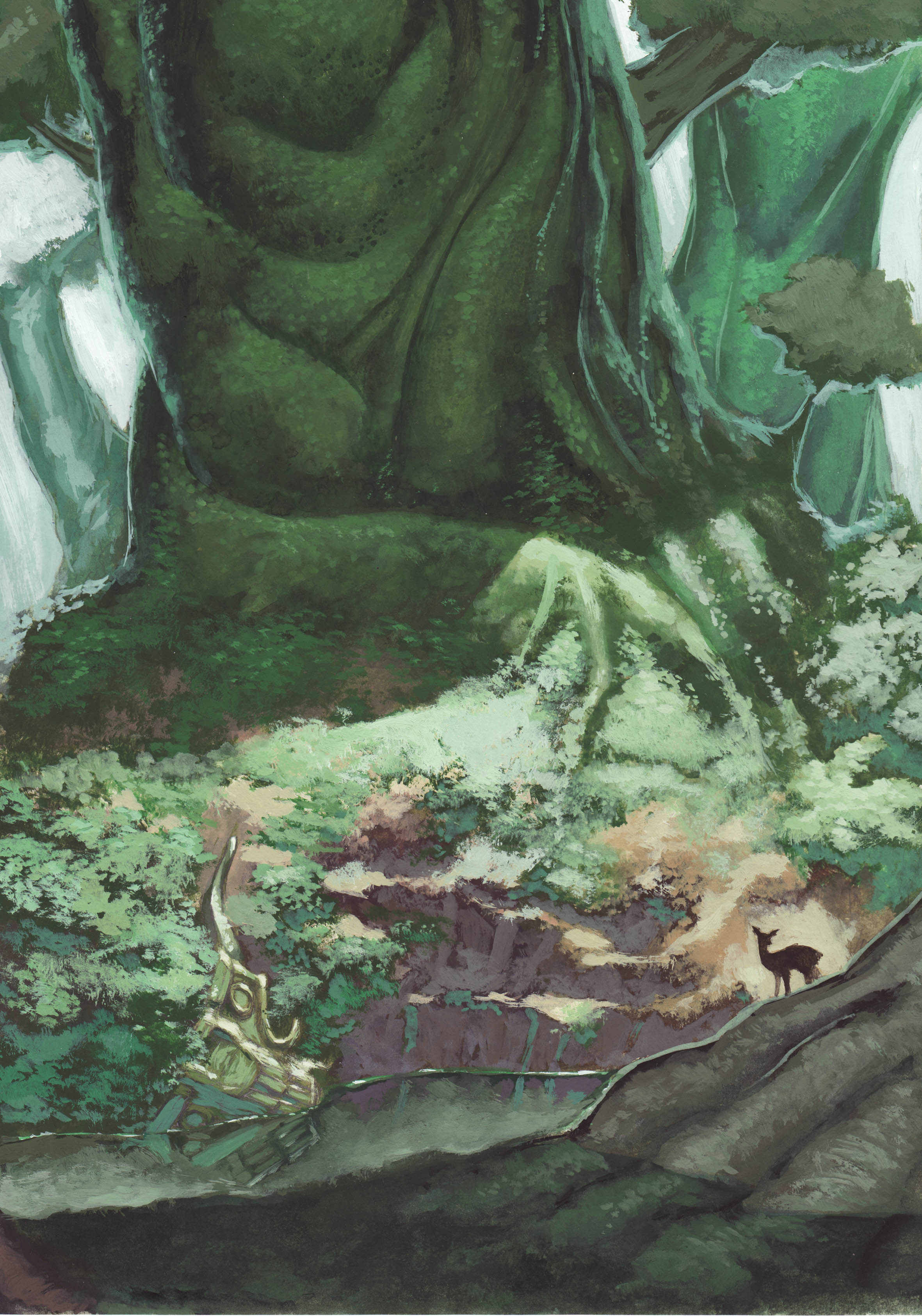 chomoran, absurdres, bad id, bad pixiv id, highres, animal, deer, landscape, moss, nature, no humans, overgrown, plant, scenery, tree, vines