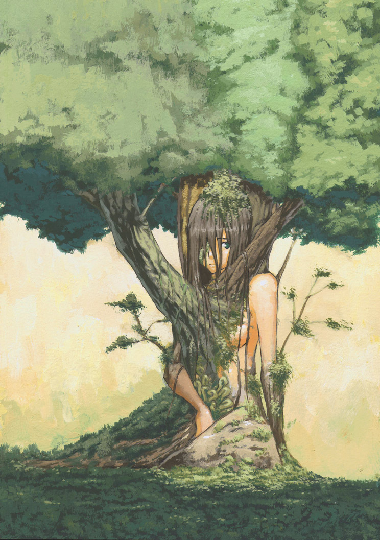 chomoran, original, bad id, bad pixiv id, 1girl, brown hair, dryad, female focus, forest, giant, green eyes, monster girl, nature, plant girl, solo, tree