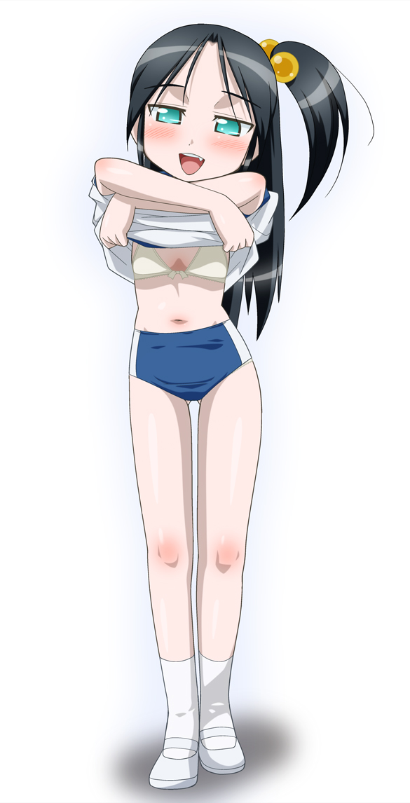 popposu, bad id, bad pixiv id, black hair, blush, bra, flat chest, green eyes, gym uniform, hand fan, lingerie, long hair, solo, underwear, undressing