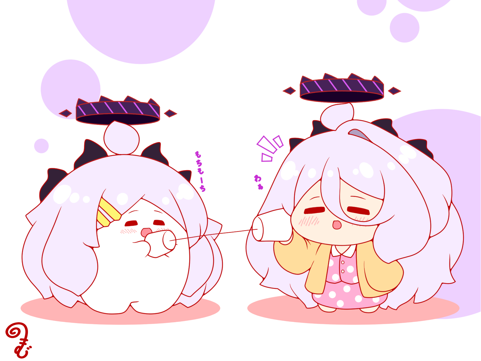 kurukurumagical, hina (blue archive), blue archive, commentary request, highres, translation request, 2girls, :d, ahoge, barefoot, blush, chibi, chibi only, closed eyes, collared shirt, contrast collar, double-parted bangs, dual persona, full body, hair between eyes, hair ornament, hairclip, halo, holding, holding phone, jacket, long hair, long sleeves, multiple girls, notice lines, open clothes, open jacket, open mouth, parallel hairclips, phone, pink shirt, pink skirt, polka dot, polka dot shirt, polka dot skirt, purple hair, purple halo, shirt, skirt, smile, standing, string phone, very long hair, white background, yellow jacket