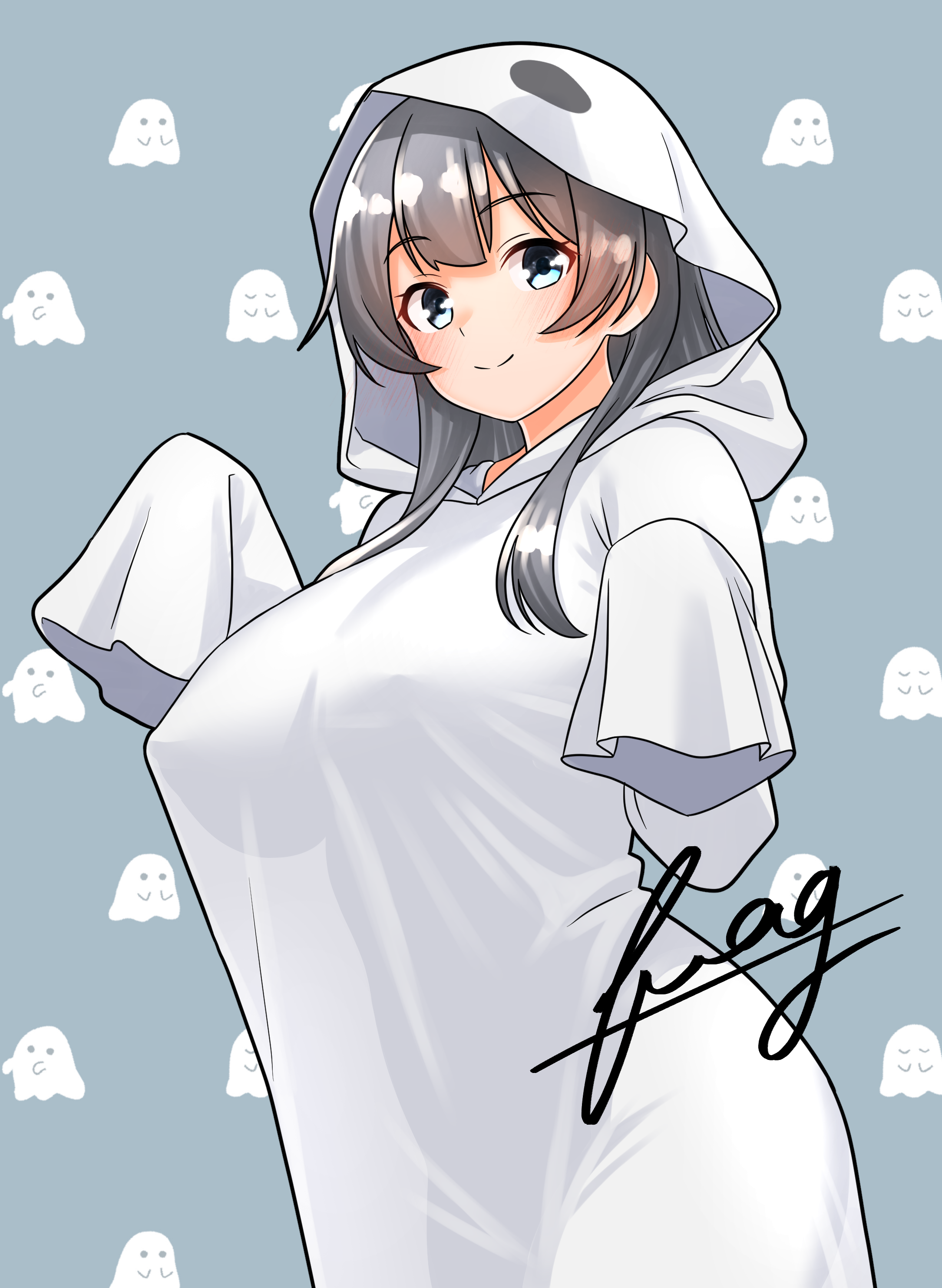 furaggu (frag 0416), agano (kancolle), kantai collection, absurdres, highres, 1girl, black hair, breasts, ghost, ghost costume, ghost print, gloves, green eyes, grey background, halloween, hood, large breasts, long hair, looking at viewer, open mouth, sheet ghost, signature, smile, solo