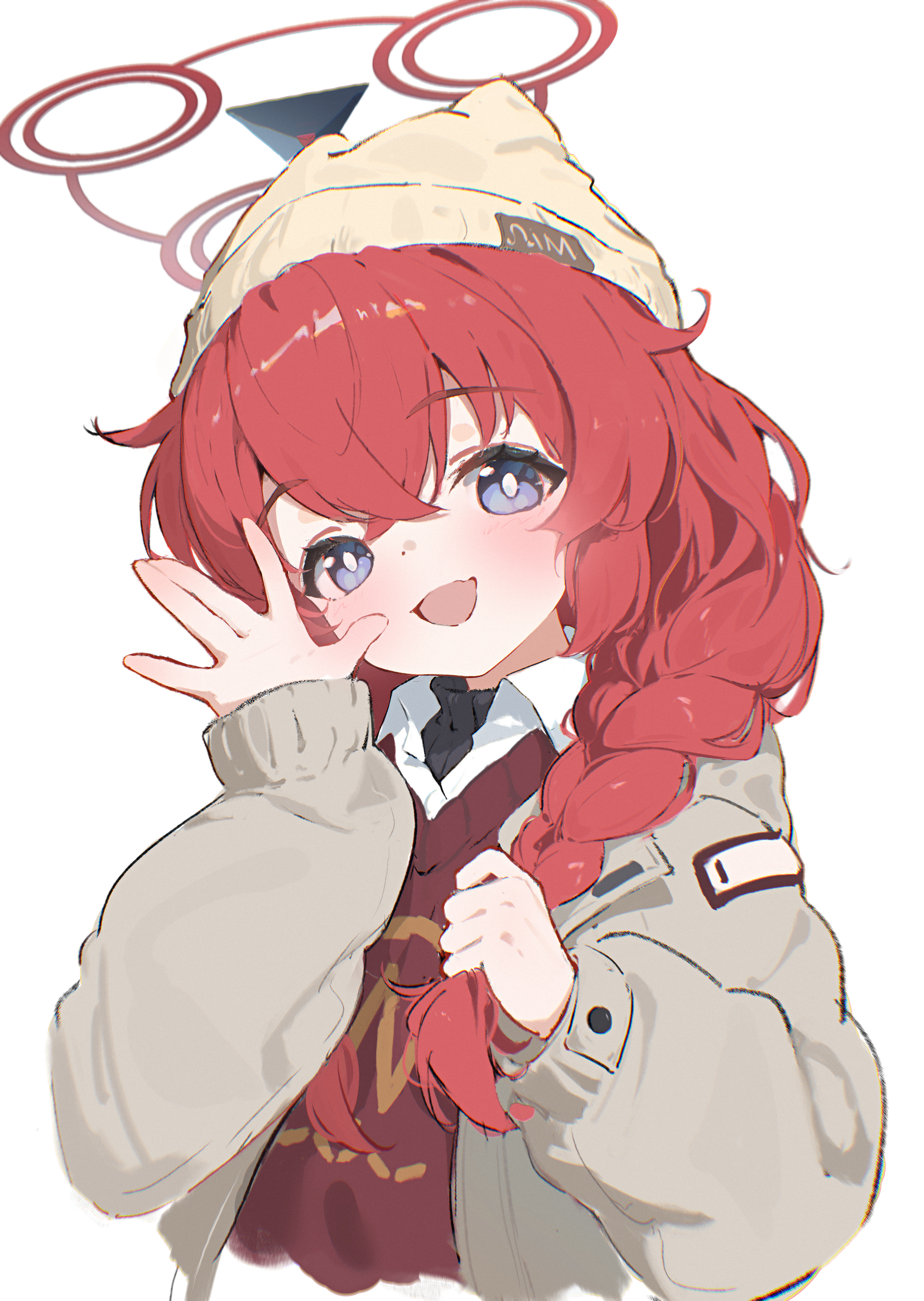 luoboji, maki (blue archive), maki (camp) (blue archive), blue archive, absurdres, commentary, highres, 1girl, :d, ||/, animal ear headwear, beanie, black sweater, blue eyes, blush, braid, bright pupils, brown hat, brown jacket, collared shirt, cropped torso, fake animal ears, hair over shoulder, halo, hand up, hat, head tilt, holding, holding own hair, jacket, layered clothes, long hair, long sleeves, looking at viewer, official alternate costume, official alternate hairstyle, open clothes, open jacket, open mouth, puffy long sleeves, puffy sleeves, red hair, red halo, red sweater vest, shirt, sidelocks, simple background, smile, solo, sweater, sweater vest, upper body, waving, white background, white pupils, white shirt