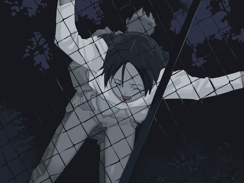 takamichi, inclusion, game cg, non-web source, 1boy, 1girl, against fence, arm support, bent over, black hair, bottomless, breasts, censored, chain-link fence, closed eyes, clothes lift, dark, doggystyle, fence, greyscale, hanging breasts, hetero, medium breasts, monochrome, mosaic censoring, muted color, nipples, no bra, open fly, open mouth, outdoors, sex, sex from behind, shirt lift, shouting, torso grab, tree