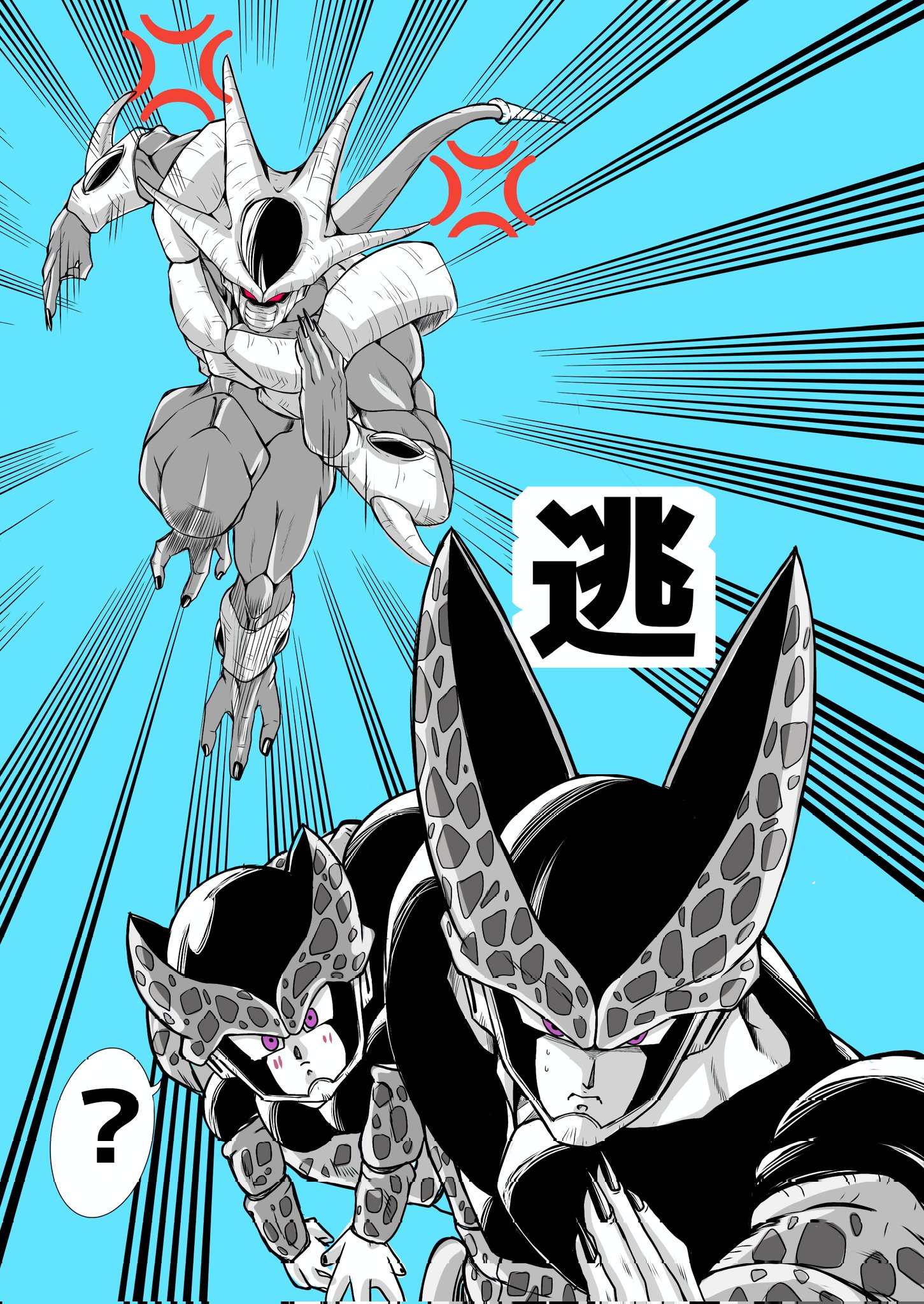 cell (dragon ball), cell junior, cooler (dragon ball), dragon ball, dragonball z, highres, 3boys, ?, anger vein, blue background, fleeing, greyscale with colored background, male focus, mokorakugaki, motion lines, multiple boys, running, simple background, speech bubble, speed lines, spoken question mark