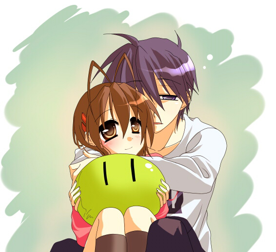 komo da, furukawa nagisa, okazaki tomoya, clannad, dango daikazoku, bad id, bad pixiv id, 00s, 1boy, 1girl, antenna hair, blue eyes, blue hair, blush, brown eyes, brown hair, couple, dango, food, hetero, hug, hug from behind, short hair, wagashi