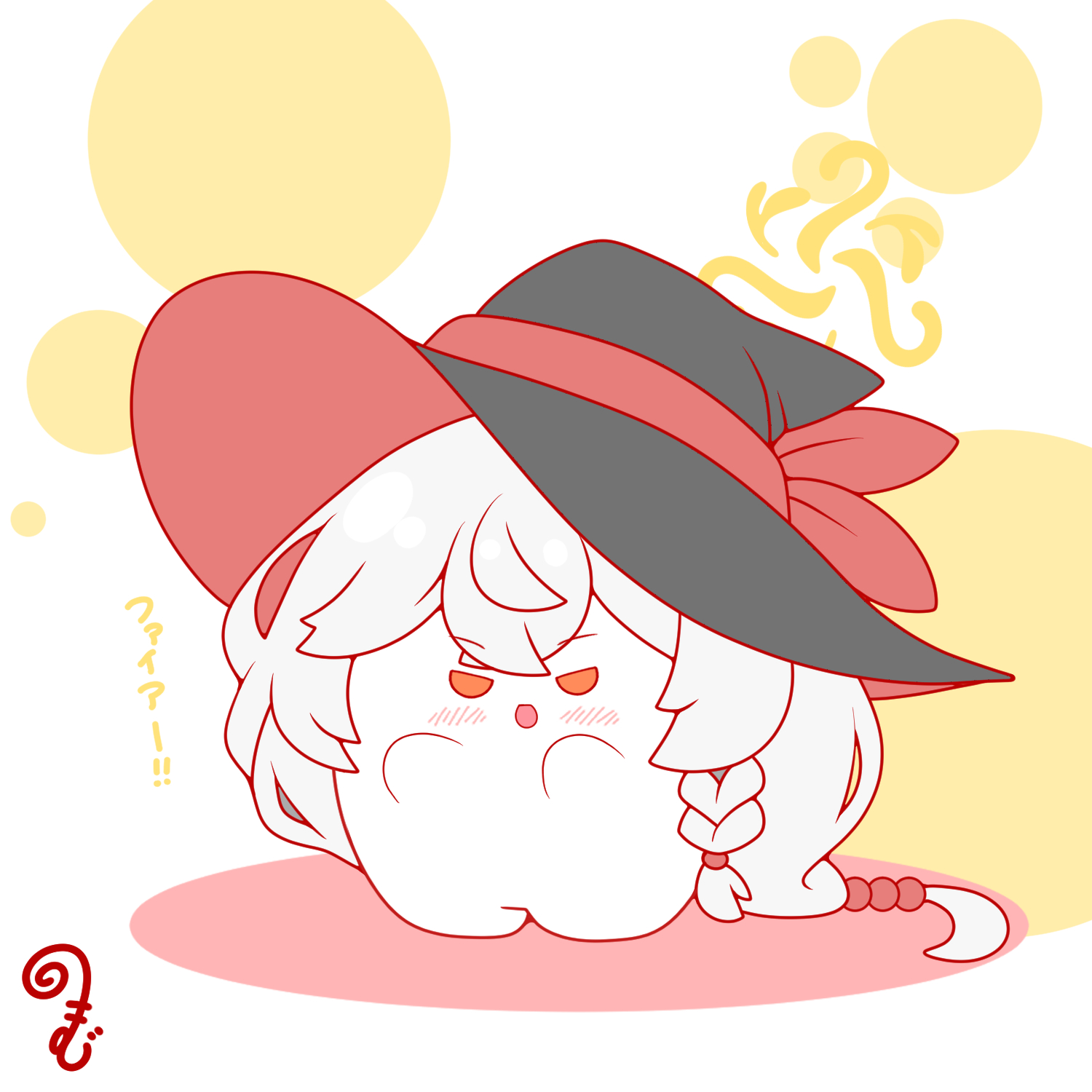 kurukurumagical, eri (blue archive), blue archive, commentary request, highres, translated, 1girl, :d, black hat, blush, braid, chibi, chibi only, closed eyes, full body, grey hair, halo, hat, hat ribbon, long hair, looking at viewer, open mouth, orange eyes, red ribbon, ribbon, single braid, smile, solo, standing, very long hair, white background, witch hat, yellow halo