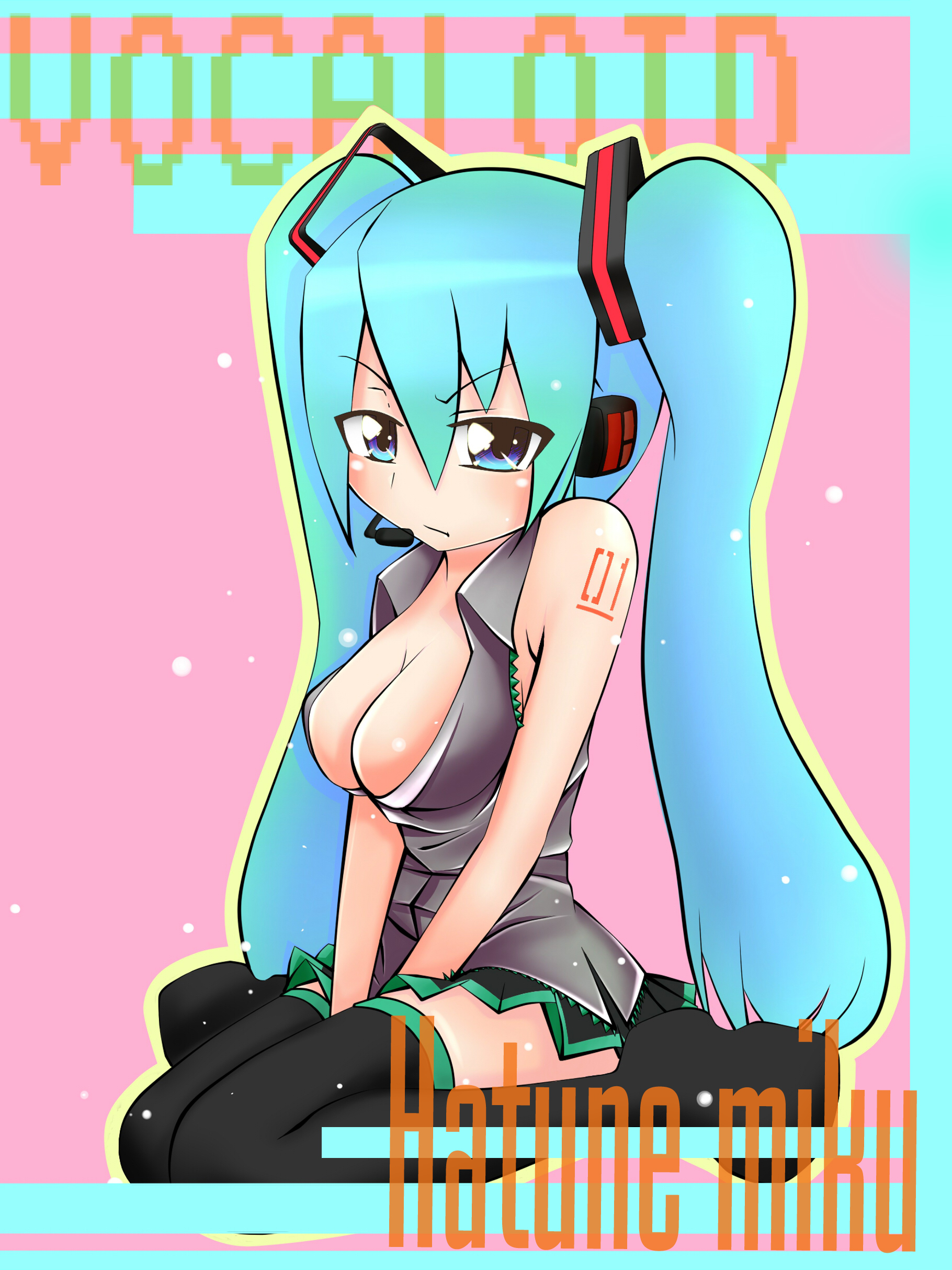 mikuriya, sakurai energy, hatsune miku, vocaloid, absurdres, bad id, bad pixiv id, highres, 1girl, aqua eyes, aqua hair, blush, breasts, cleavage, female focus, headset, large breasts, long hair, skirt, solo, thighhighs, twintails