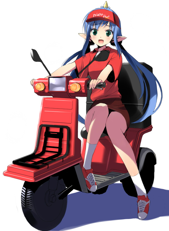 hima, yashahime (momotarou densetsu), momotarou densetsu, pizza hut, vehicle, visor, 1girl, blue hair, blue oni, clothes writing, delivery, demon girl, employee uniform, fast food uniform, female focus, green eyes, horns, long hair, motor vehicle, oni, part time job, pizza delivery, pointy ears, scooter, single horn, skirt, solo, twintails, visor cap