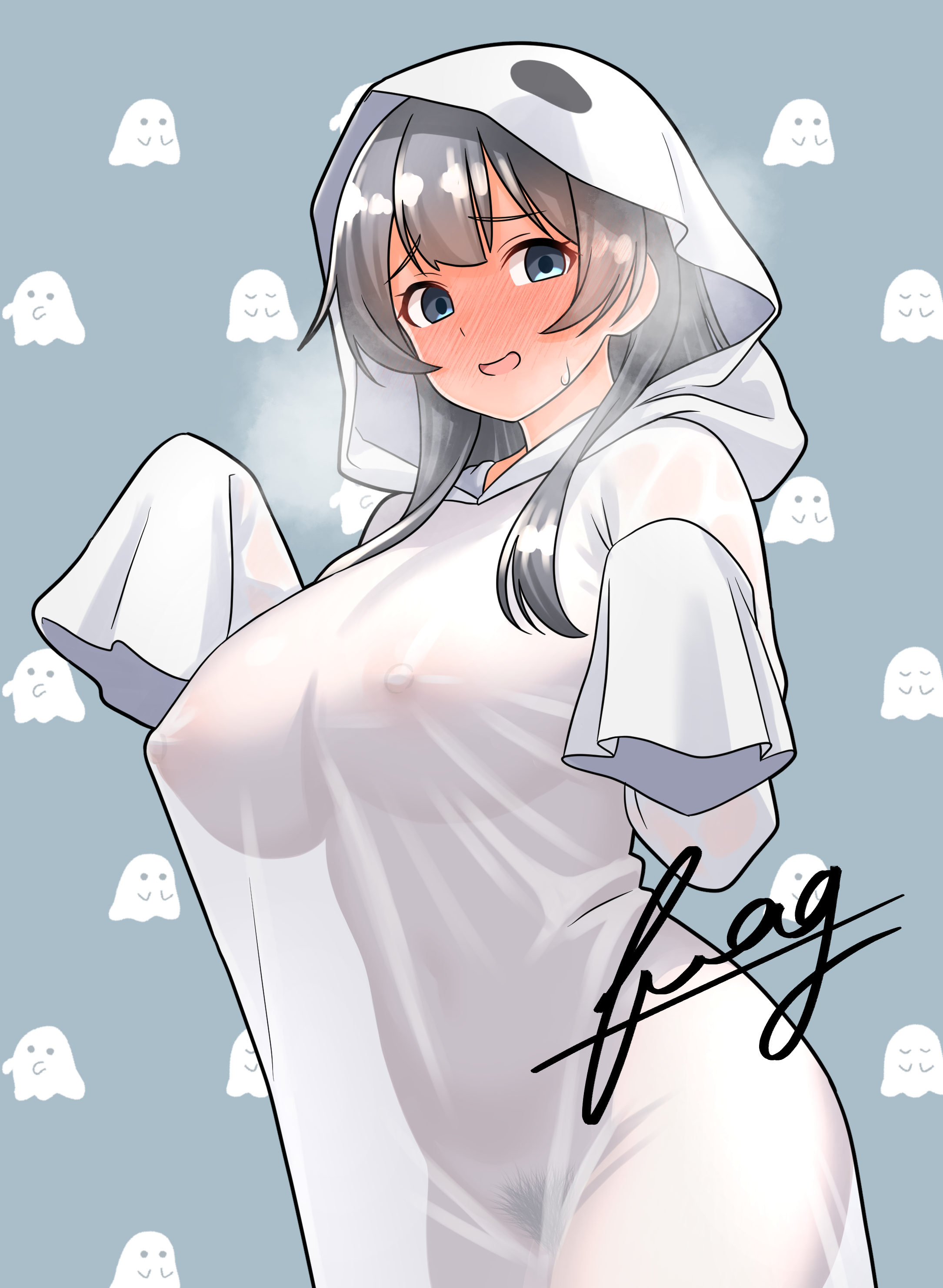furaggu (frag 0416), agano (kancolle), kantai collection, absurdres, highres, 1girl, black hair, blush, breasts, covered erect nipples, embarrassed, ghost, ghost costume, ghost print, gloves, green eyes, grey background, halloween, heavy breathing, hood, large breasts, long hair, looking at viewer, naked costume, open mouth, pubic hair, see-through clothes, sheet ghost, signature, smile, solo