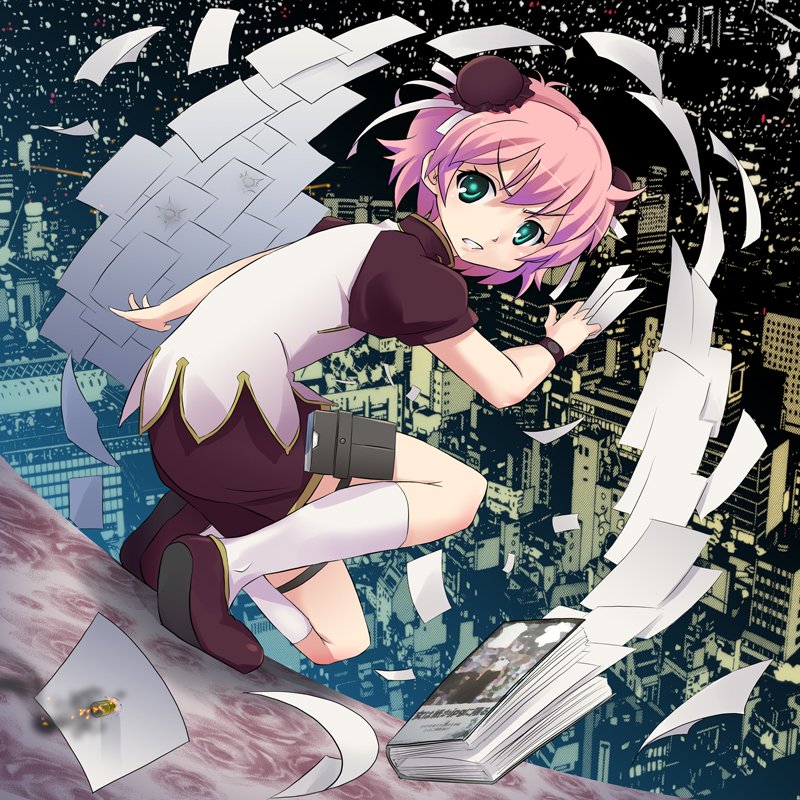 kishiri toworu, miyao ryuu, anita king, r.o.d the tv, read or die, bad id, 00s, 1girl, aqua eyes, book, bun cover, china dress, chinese clothes, cityscape, double bun, dress, female focus, green eyes, hair bun, kneeling, paper, pink hair, short hair, socks, solo, squatting