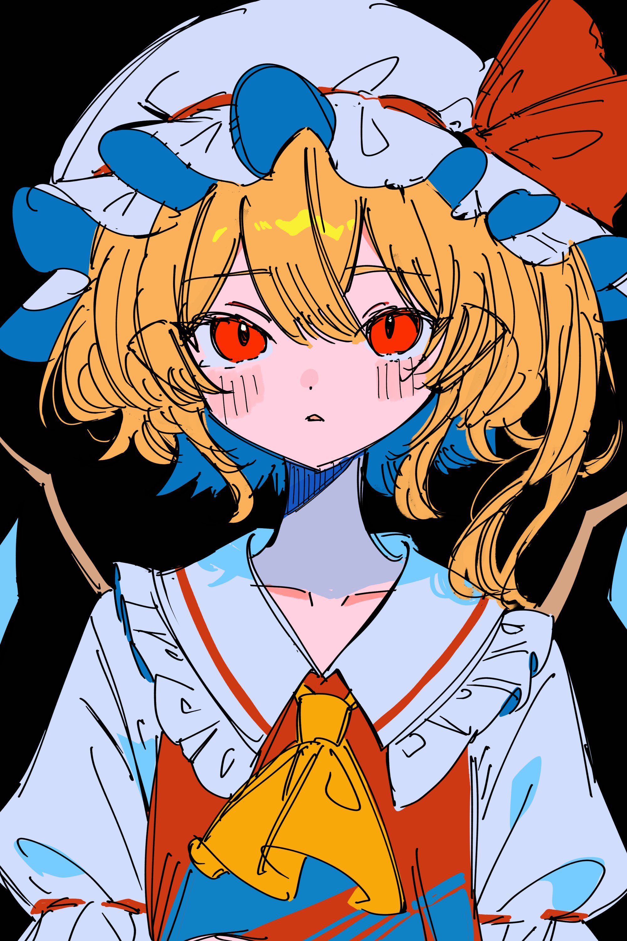 rotoi 1234, flandre scarlet, touhou, absurdres, highres, 1girl, ascot, black background, blonde hair, blush, hat, hat ribbon, looking at viewer, medium hair, mob cap, open mouth, puffy short sleeves, puffy sleeves, red eyes, red ribbon, red shirt, ribbon, shirt, short sleeves, side ponytail, solo, wings, yellow ascot