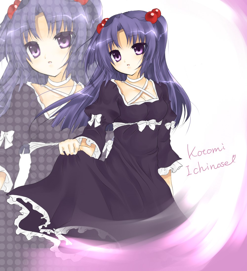 mizuse kotone, ichinose kotomi, clannad, 00s, blue hair, dress, hair bobbles, hair ornament, long hair, purple eyes, solo, twintails, two side up