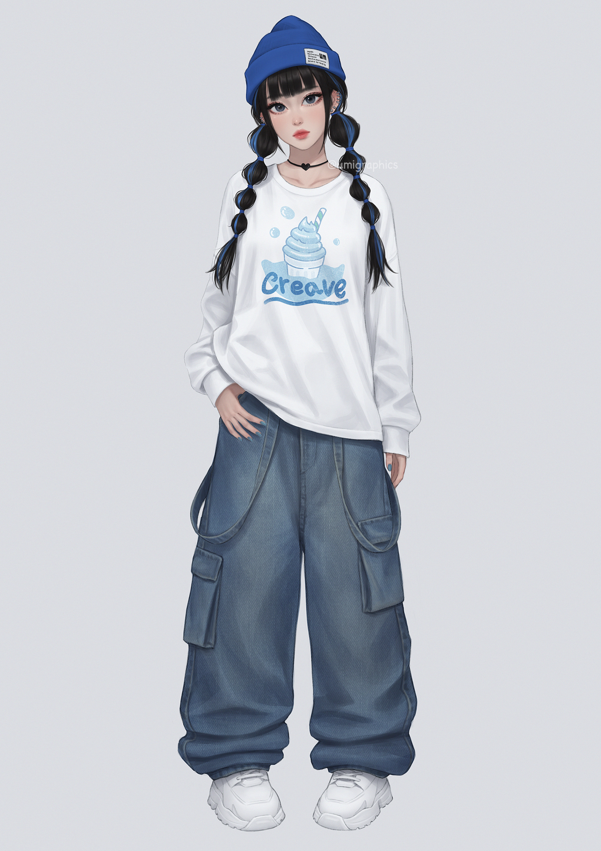 umigraphics, original, highres, 1girl, baggy pants, black choker, black hair, blue eyes, blue hair, blue nails, choker, ear piercing, full body, hat, lips, long hair, looking at viewer, multicolored hair, pants, piercing, print shirt, shirt, shoes, sneakers, solo, streaked hair, two-tone hair, white background