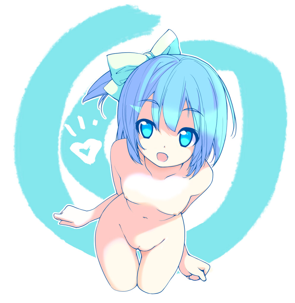 tamahagane, original, 1girl, :d, bare shoulders, blue eyes, blue hair, bow, breasts, censored, clenched hands, collarbone, completely nude, cowboy shot, fang, from above, hair bow, heart, looking at viewer, mosaic censoring, navel, nipples, notice lines, nude, one side up, open mouth, pussy, short hair, simple background, small breasts, smile, solo, standing, thighhighs, white bow