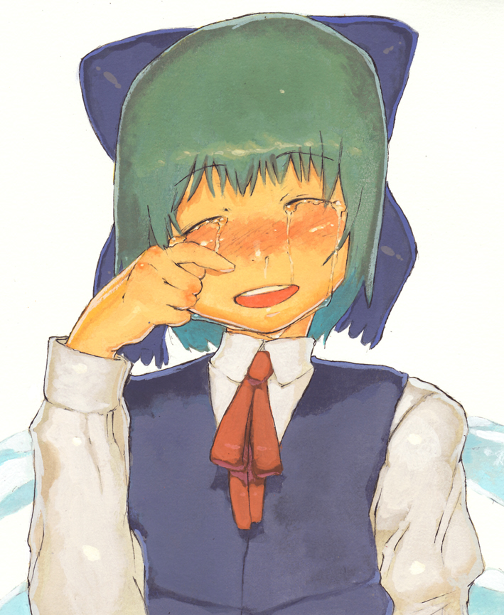 chomoran, cirno, embodiment of scarlet devil, touhou, bad id, bad pixiv id, 1girl, :d, blue dress, blush, closed eyes, crying, dress, female focus, long sleeves, open mouth, red ribbon, ribbon, short hair, simple background, smile, solo, tears, upper body, white background