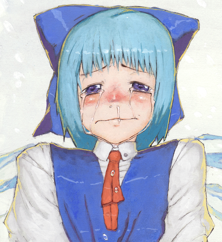 chomoran, cirno, embodiment of scarlet devil, touhou, bad id, bad pixiv id, 1girl, blue bow, blue eyes, blue hair, blush, bow, crying, crying with eyes open, female focus, matching hair/eyes, red ribbon, ribbon, short hair, snot, solo, tears, upper body