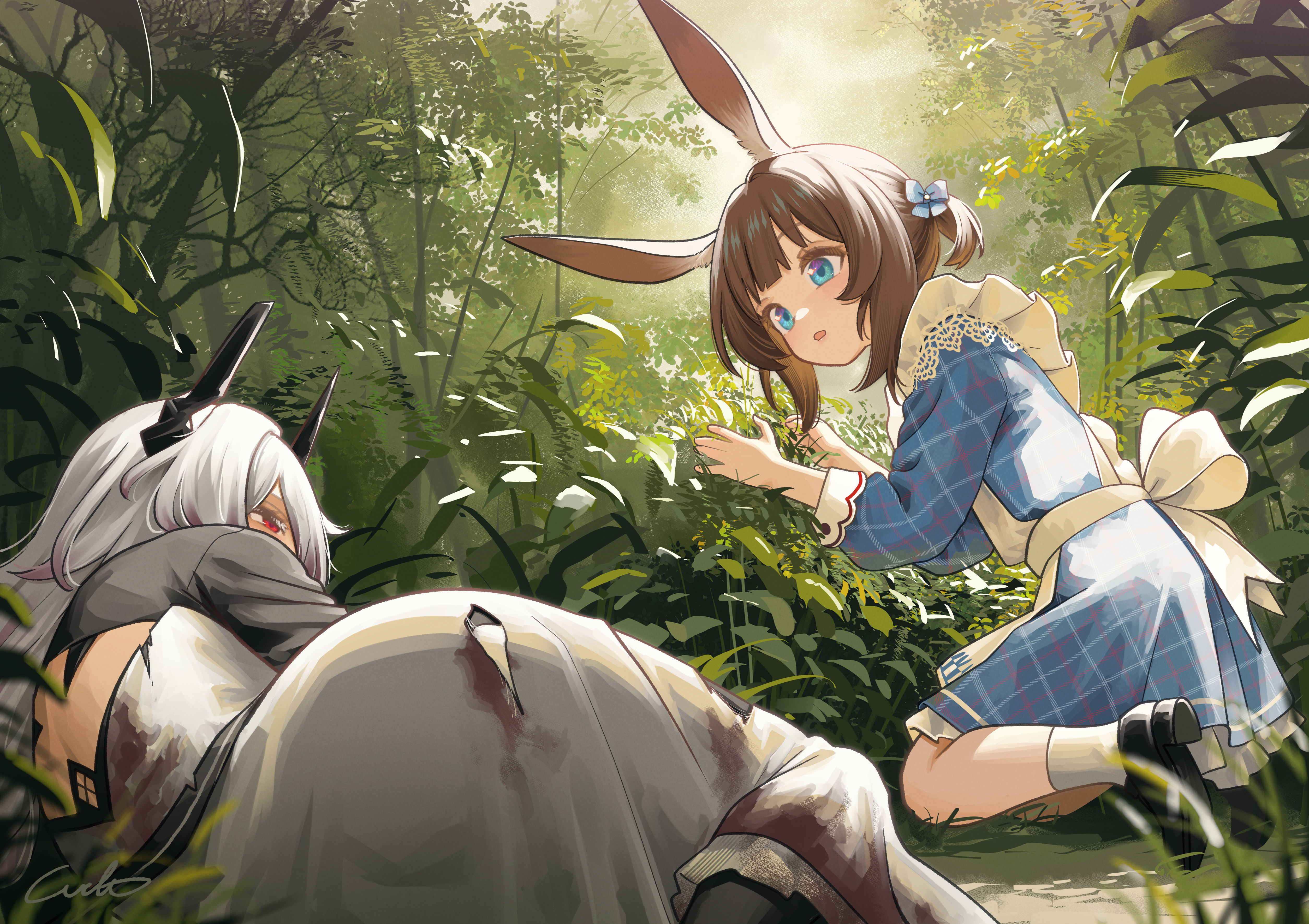 welt (kinsei koutenkyoku), amiya (arknights), theresa (arknights), arknights, white rabbit candy, absurdres, commentary request, highres, 2girls, aged down, animal ears, black horns, black shoes, blue dress, blue eyes, brown hair, demon girl, demon horns, dress, horns, long hair, long sleeves, multiple girls, official alternate costume, open mouth, outdoors, rabbit ears, rabbit girl, red eyes, shoes, short dress, short hair, socks, white dress, white hair, white socks