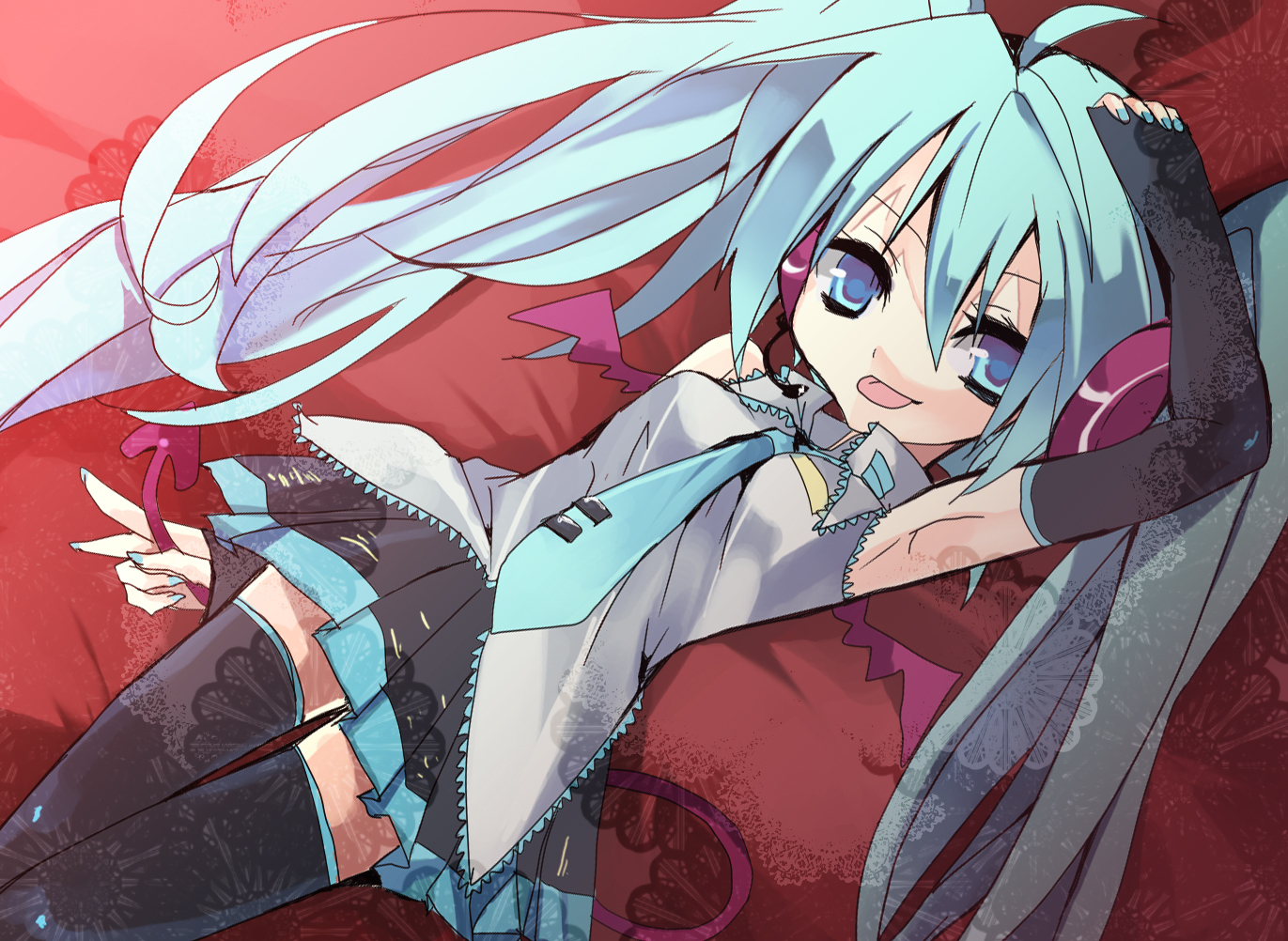hanepochi, hatsune miku, vocaloid, :p, aqua eyes, aqua hair, bat wings, demon tail, detached sleeves, headset, long hair, necktie, skirt, solo, tail, thighhighs, tongue, tongue out, twintails, very long hair, wings, zettai ryouiki