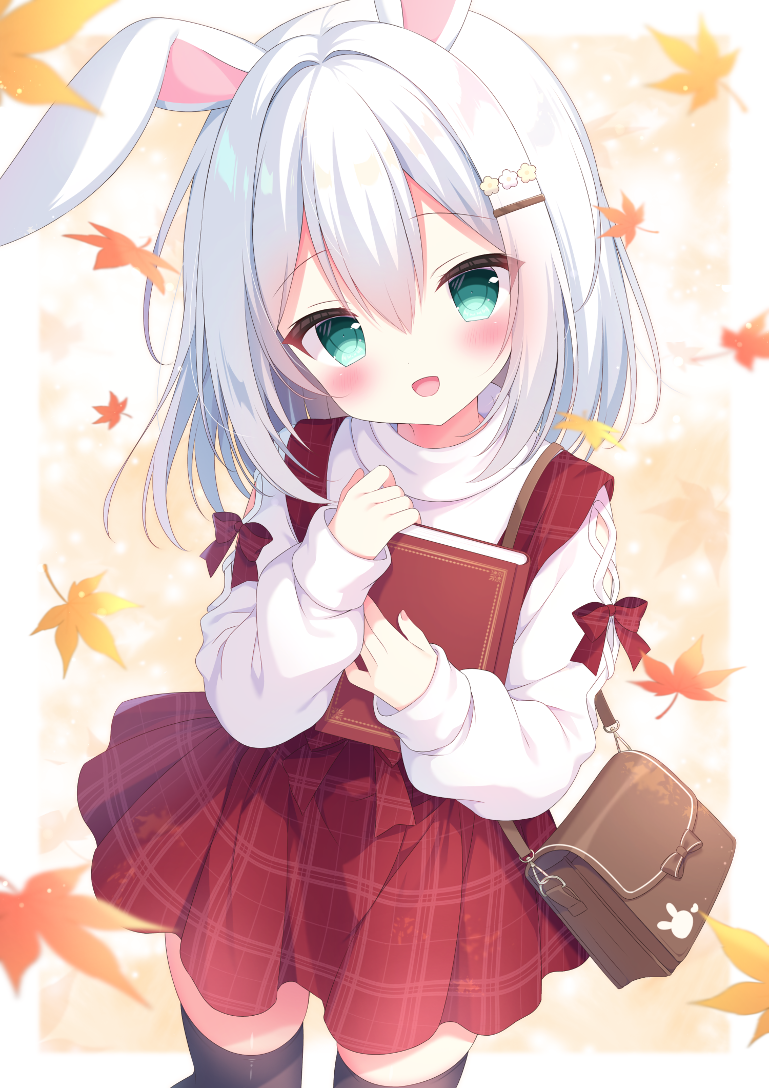 original, commentary request, commission, highres, skeb commission, 1girl, :d, animal ears, autumn, autumn leaves, bag, black thighhighs, blush, book, border, borrowed character, cowboy shot, double-parted bangs, dress, green eyes, hair between eyes, hair ornament, hairclip, holding, holding book, leaf, long sleeves, looking at viewer, medium hair, nekoboshi yuki, open mouth, outside border, pinafore dress, plaid clothes, plaid dress, rabbit ears, rabbit girl, red dress, sleeveless, sleeveless dress, smile, solo, sweater, thighhighs, turtleneck, turtleneck sweater, white border, white hair, white sweater, zettai ryouiki