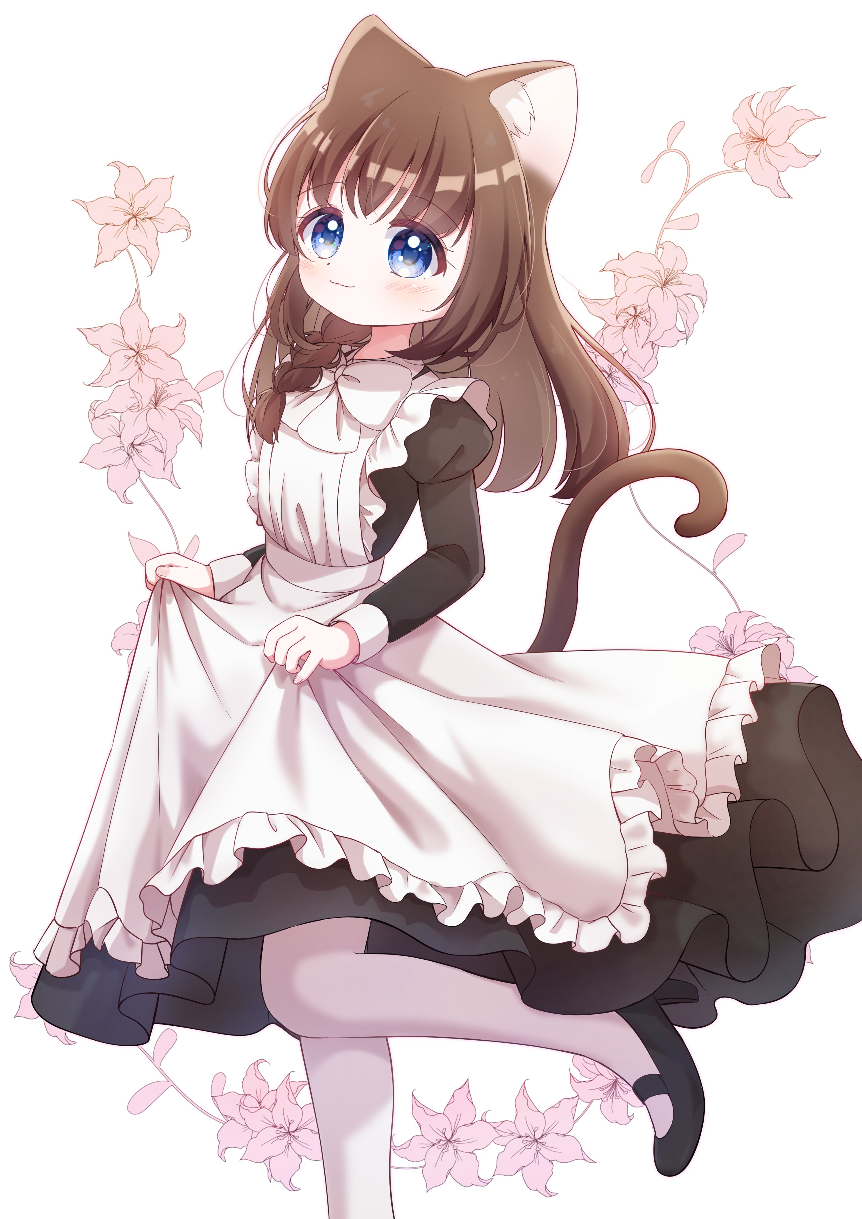 haruiroha, original, absurdres, commission, highres, skeb commission, animal ear fluff, animal ears, aqua eyes, black shoes, braid, brown hair, cat ears, cat girl, cat tail, clothes lift, dress, dress lift, flower, hat, long hair, looking at viewer, maid, mewry (fuki nyan), pink flower, shoes, smile, tail