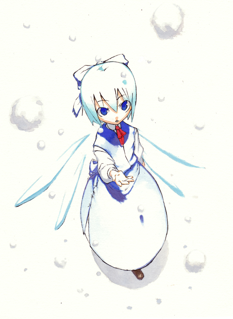 chomoran, cirno, perfect cherry blossom, touhou, silver hair, bad id, bad pixiv id, 1girl, blue eyes, blush, dress, fairy, fairy wings, female focus, from above, full body, ice, ice wings, long sleeves, red ribbon, ribbon, simple background, solo, white background, white dress, wings