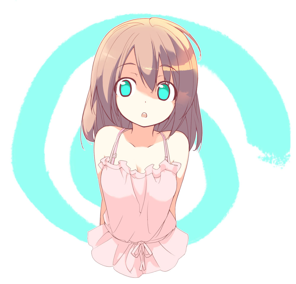 tamahagane, original, 1girl, :o, ahoge, aqua eyes, arms behind back, breasts, brown hair, collarbone, dress, hair between eyes, looking at viewer, medium breasts, medium hair, open mouth, parted lips, pink dress, sash, sidelocks, simple background, solo, standing, white background