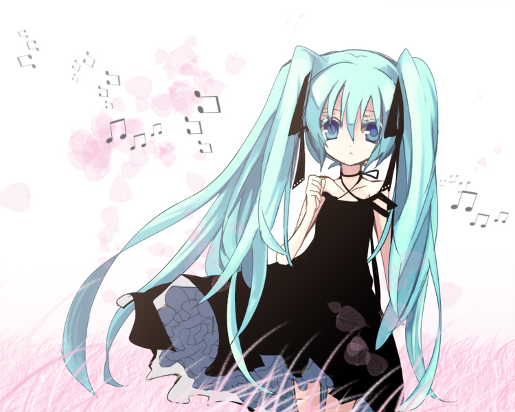 hanepochi, hatsune miku, vocaloid, 1girl, aqua eyes, aqua hair, beamed quavers, dress, female focus, long hair, musical note, solo, twintails, very long hair