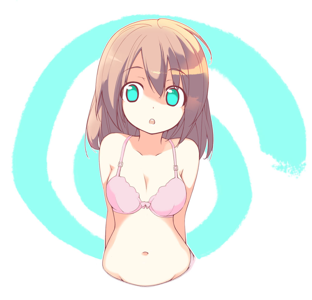 tamahagane, original, 1girl, :o, ahoge, aqua eyes, arms behind back, bare shoulders, bra, breasts, brown hair, cleavage, collarbone, hair between eyes, looking at viewer, medium breasts, medium hair, navel, nude, open mouth, parted lips, pink bra, sidelocks, simple background, solo, standing, underwear, white background